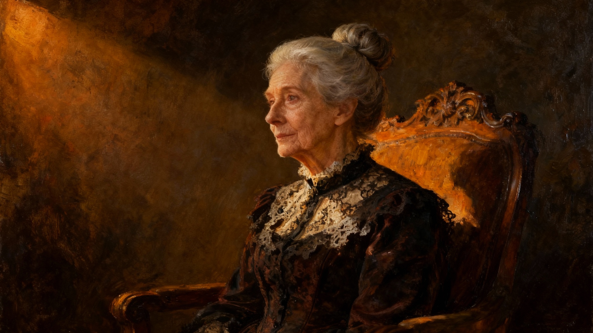 A digital oil painting in the style of Rembrandt, showing a half-length portrait of an elderly woman with silver hair. Dramatic chiaroscuro lighting illuminates her wise face and intricate lace collar, casting deep shadows against a dark, atmospheric background.