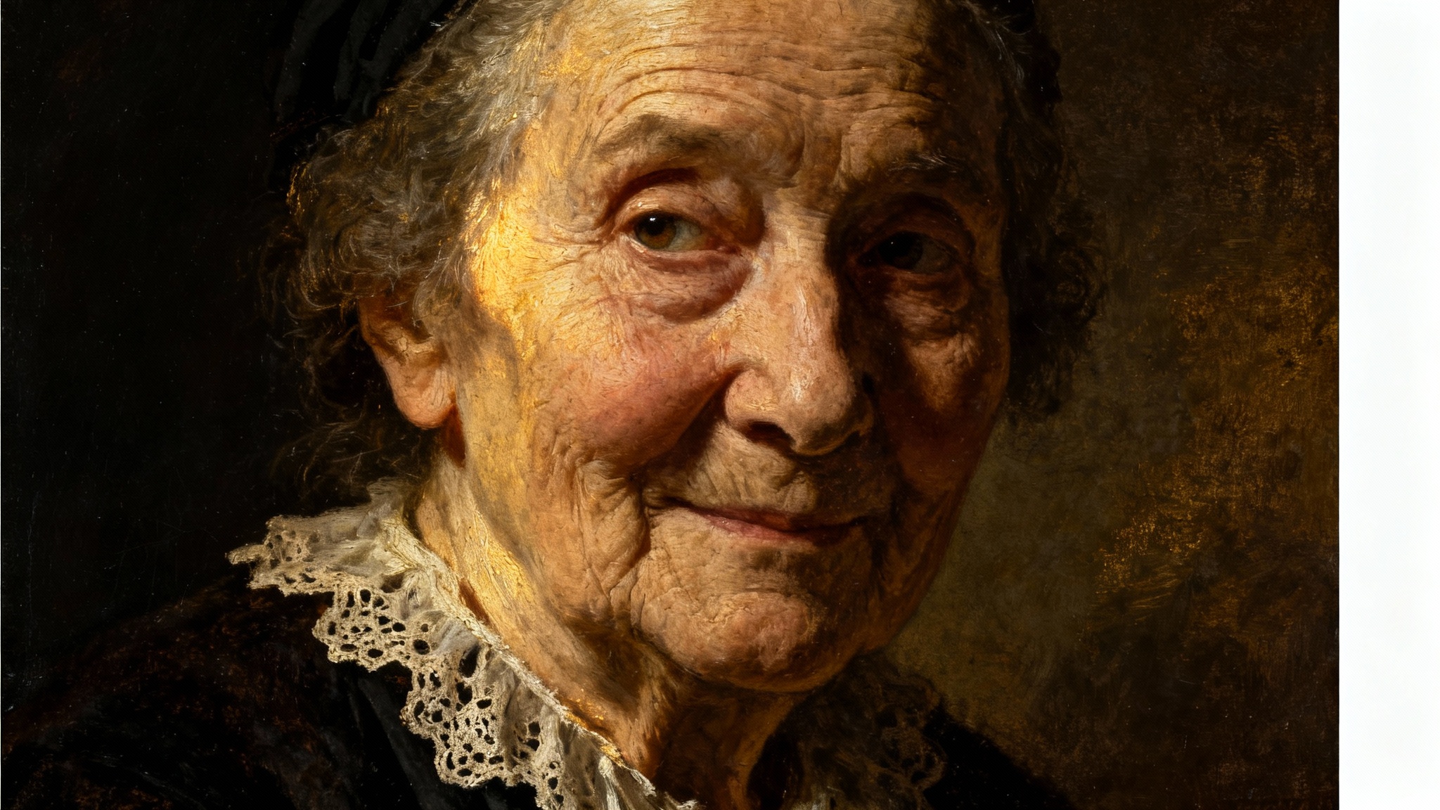 A striking portrait of an elderly woman painted in the dramatic chiaroscuro style of Rembrandt, with strong light and deep shadows highlighting her thoughtful expression, presented against a white background.