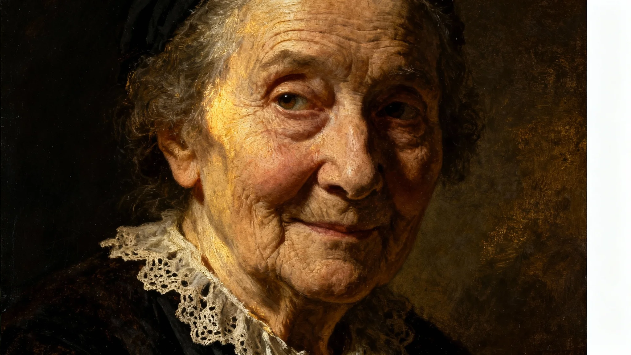 A striking portrait of an elderly woman painted in the dramatic chiaroscuro style of Rembrandt, with strong light and deep shadows highlighting her thoughtful expression, presented against a white background.