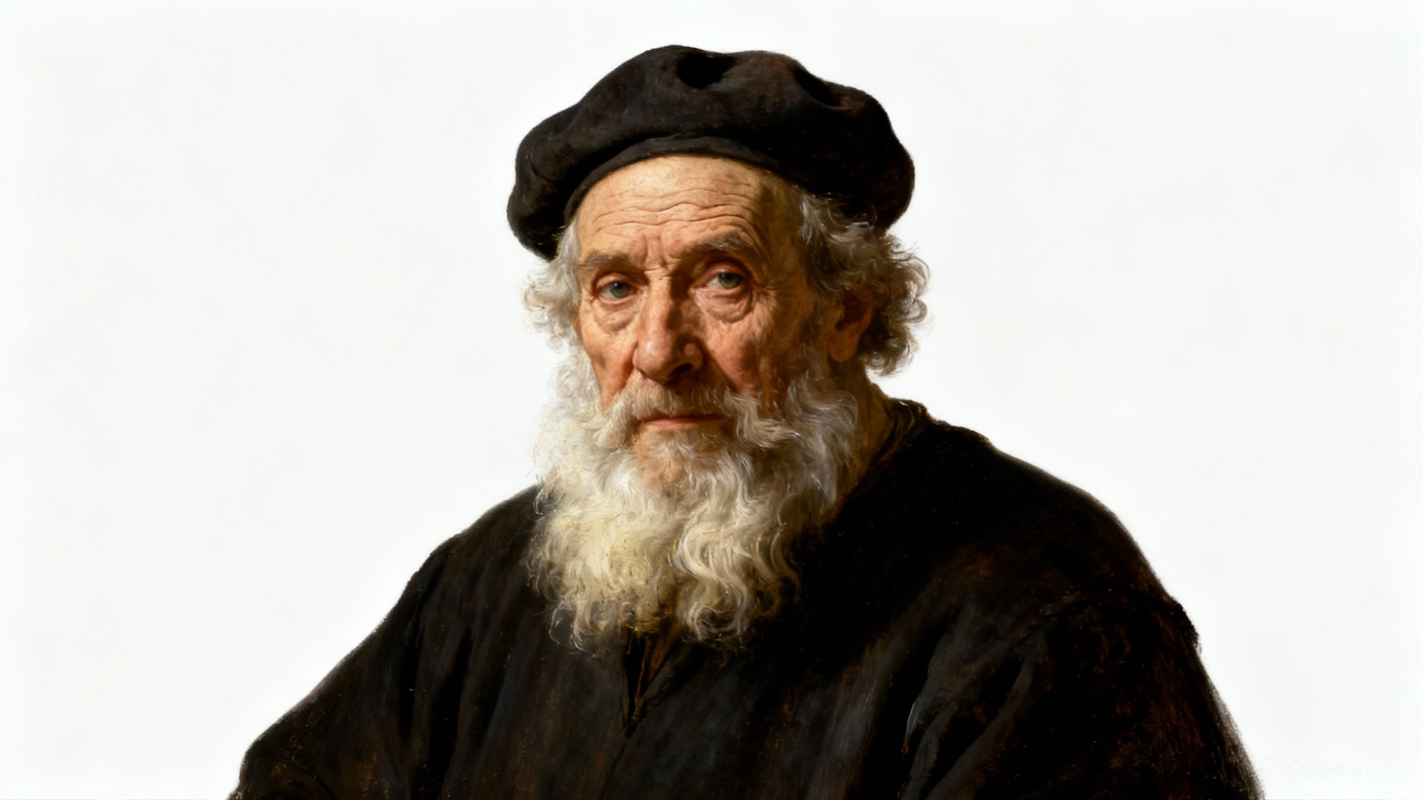 A highly detailed portrait of an elderly man with a beard, painted in the dramatic, high-contrast style of Rembrandt, presented against a plain white background.