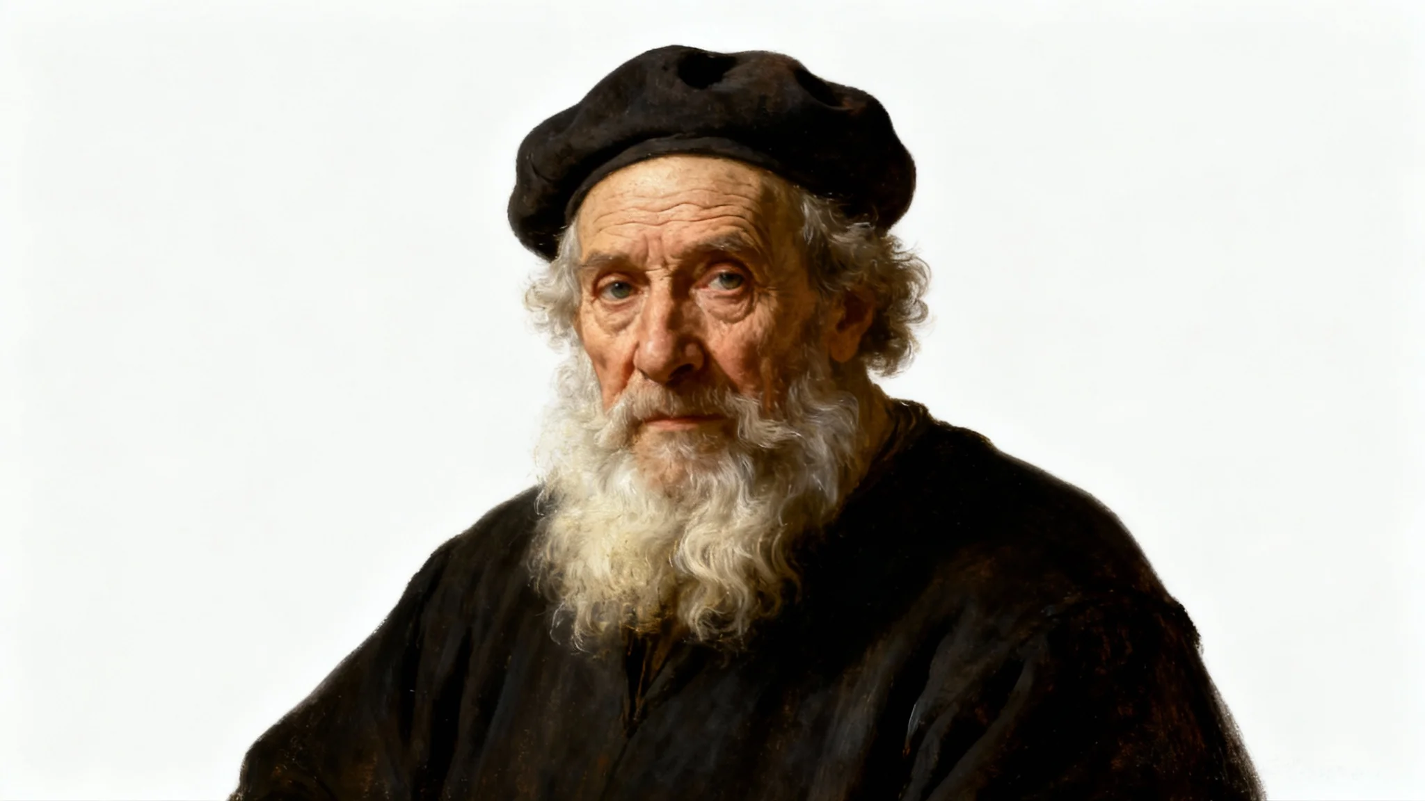 A highly detailed portrait of an elderly man with a beard, painted in the dramatic, high-contrast style of Rembrandt, presented against a plain white background.