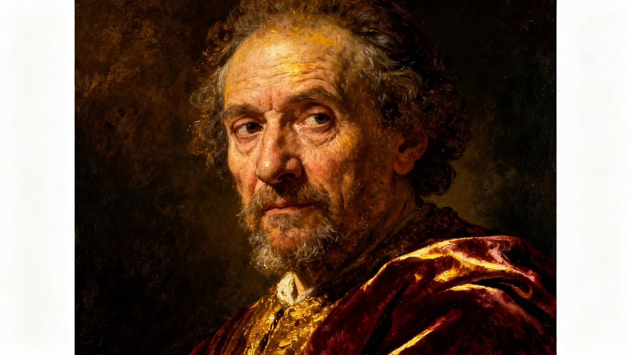 A digital painting of a man's portrait in the style of Rembrandt, featuring dramatic lighting (chiaroscuro) that highlights one side of his face against a dark, moody background, presented as a mockup on a white surface.
