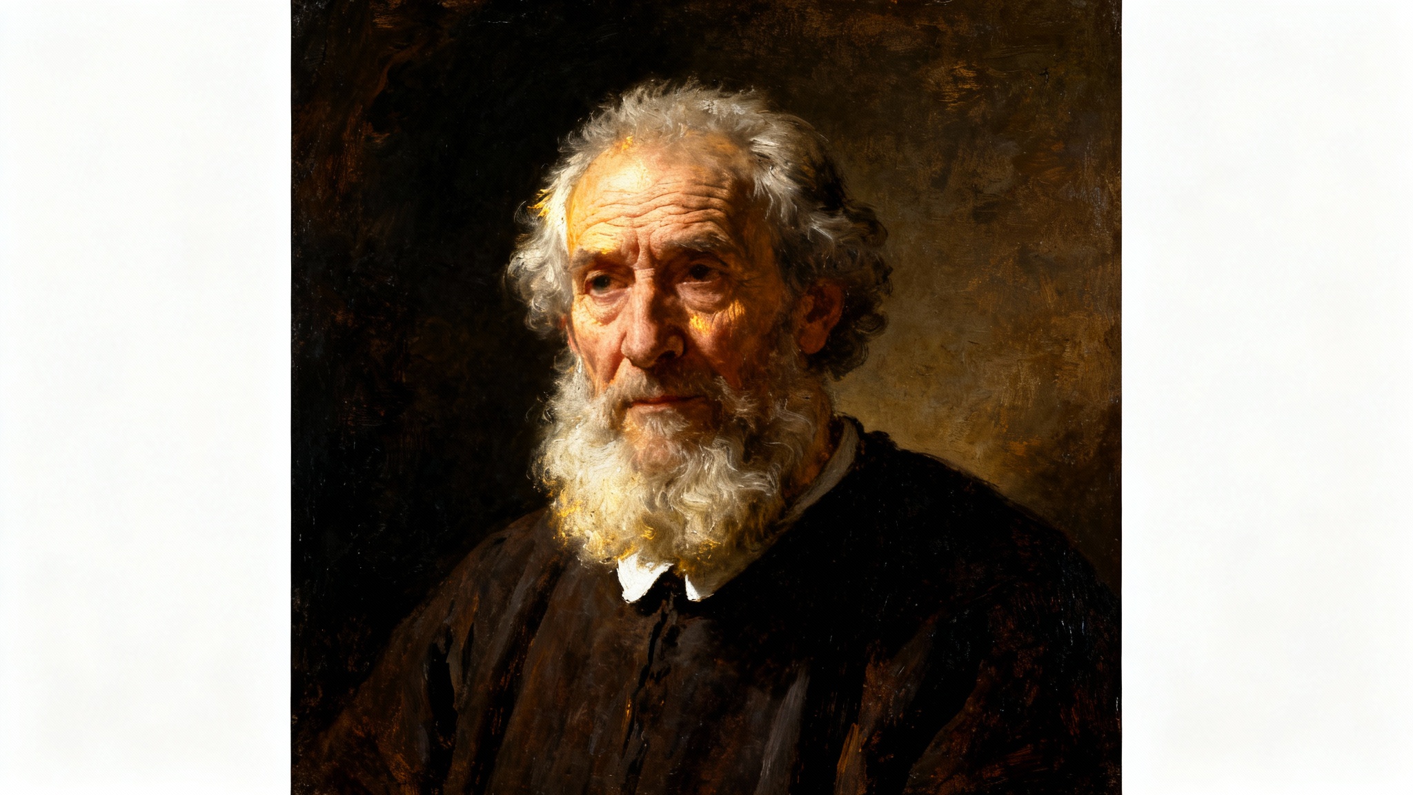 An oil painting in the style of Rembrandt, featuring a close-up portrait of an elderly man with a white beard, characterized by dramatic chiaroscuro lighting.