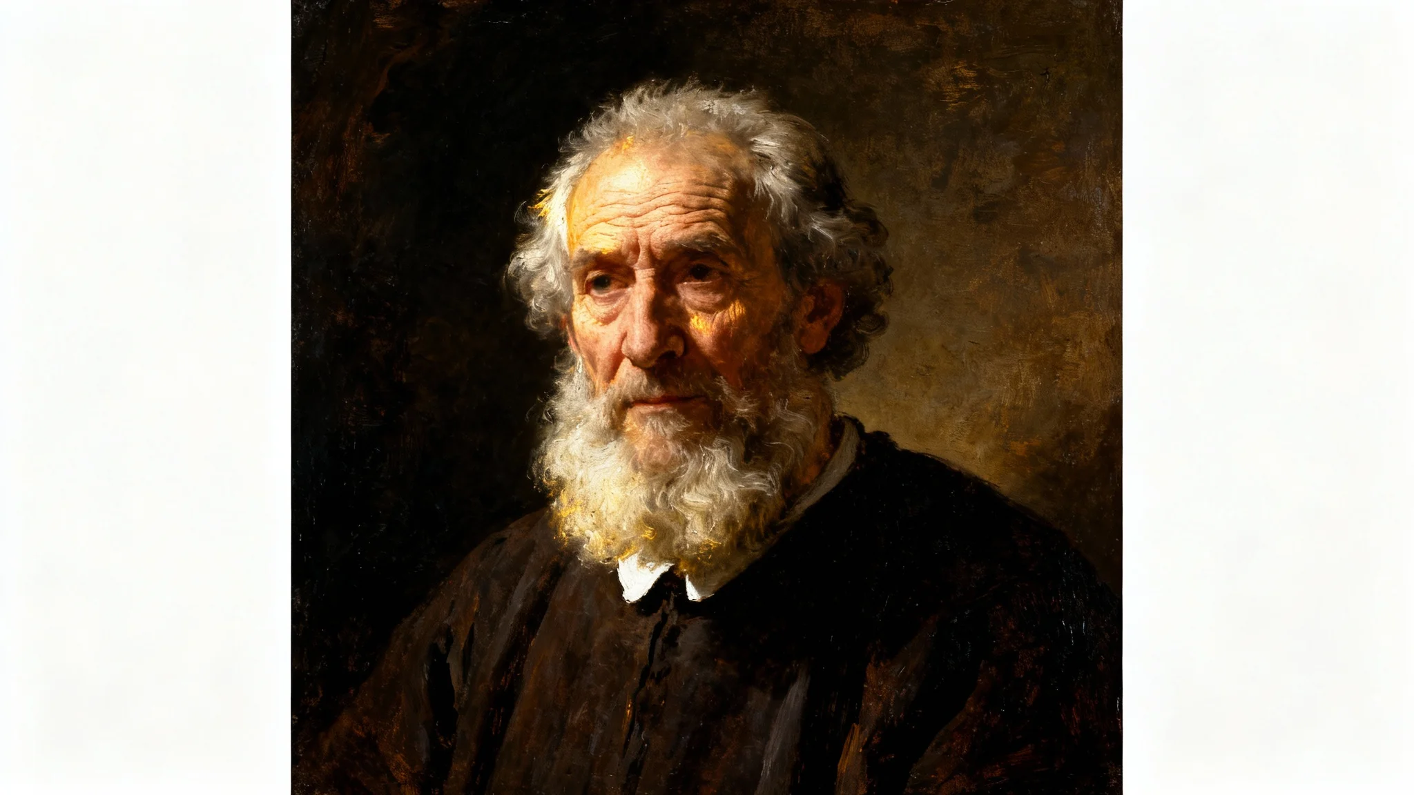An oil painting in the style of Rembrandt, featuring a close-up portrait of an elderly man with a white beard, characterized by dramatic chiaroscuro lighting.