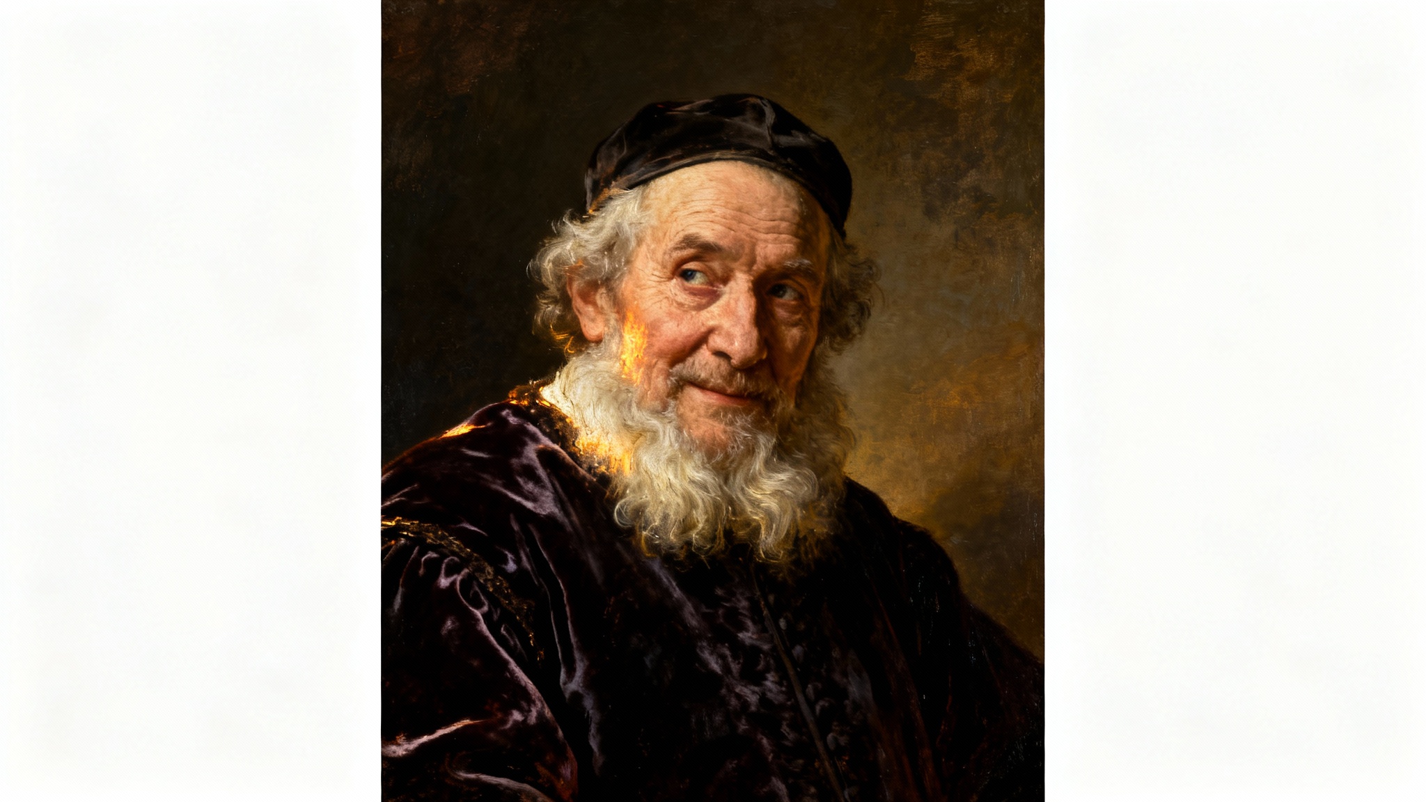 A digital painting in the style of Rembrandt, featuring a close-up portrait of an old man with a beard, illuminated by dramatic side lighting against a dark background, presented on a white backdrop.