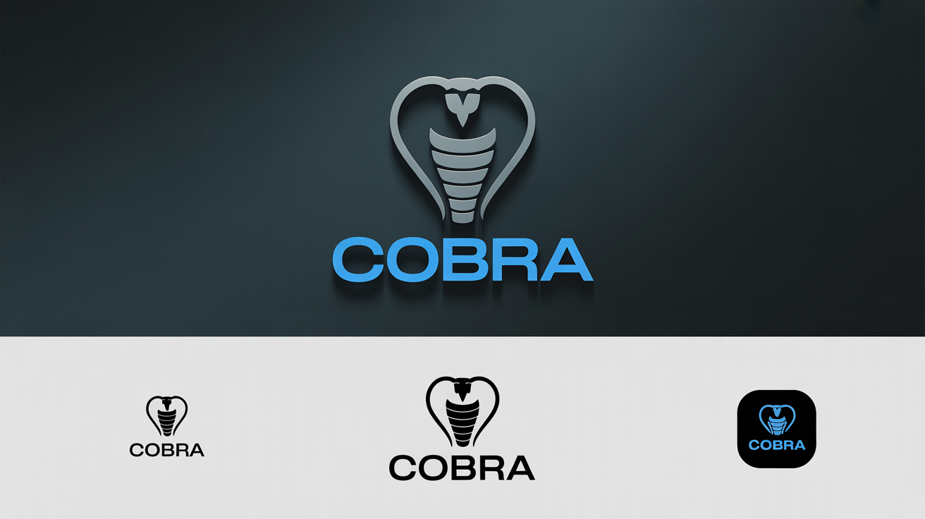 A hero image showcasing a professional and modern cobra logo design. The central logo is a stylized silver and blue cobra head with the word 'COBRA' underneath, with smaller variations shown beside it on a light grey background.