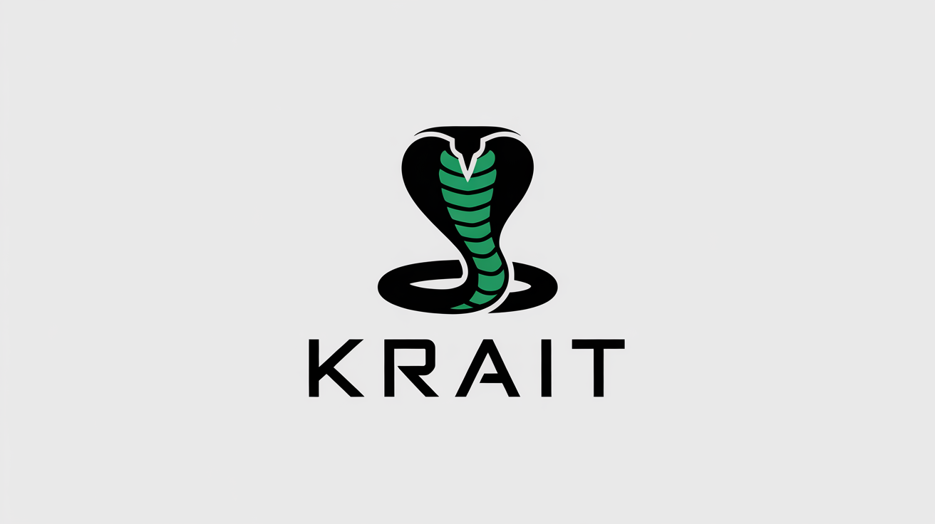 A minimalist and modern vector logo featuring a stylized black and electric green cobra, poised to strike. The word 'KRAIT' is written below the icon on a clean white background.
