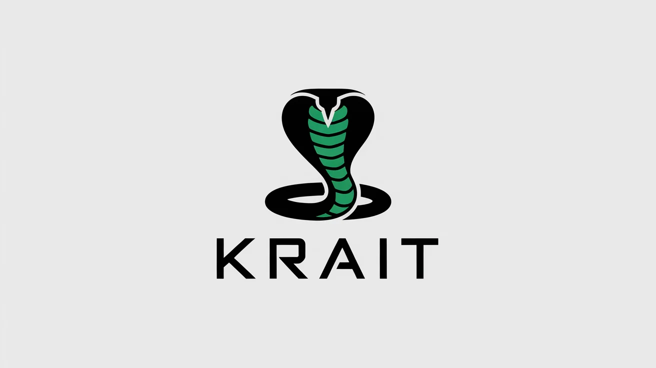 A minimalist and modern vector logo featuring a stylized black and electric green cobra, poised to strike. The word 'KRAIT' is written below the icon on a clean white background.