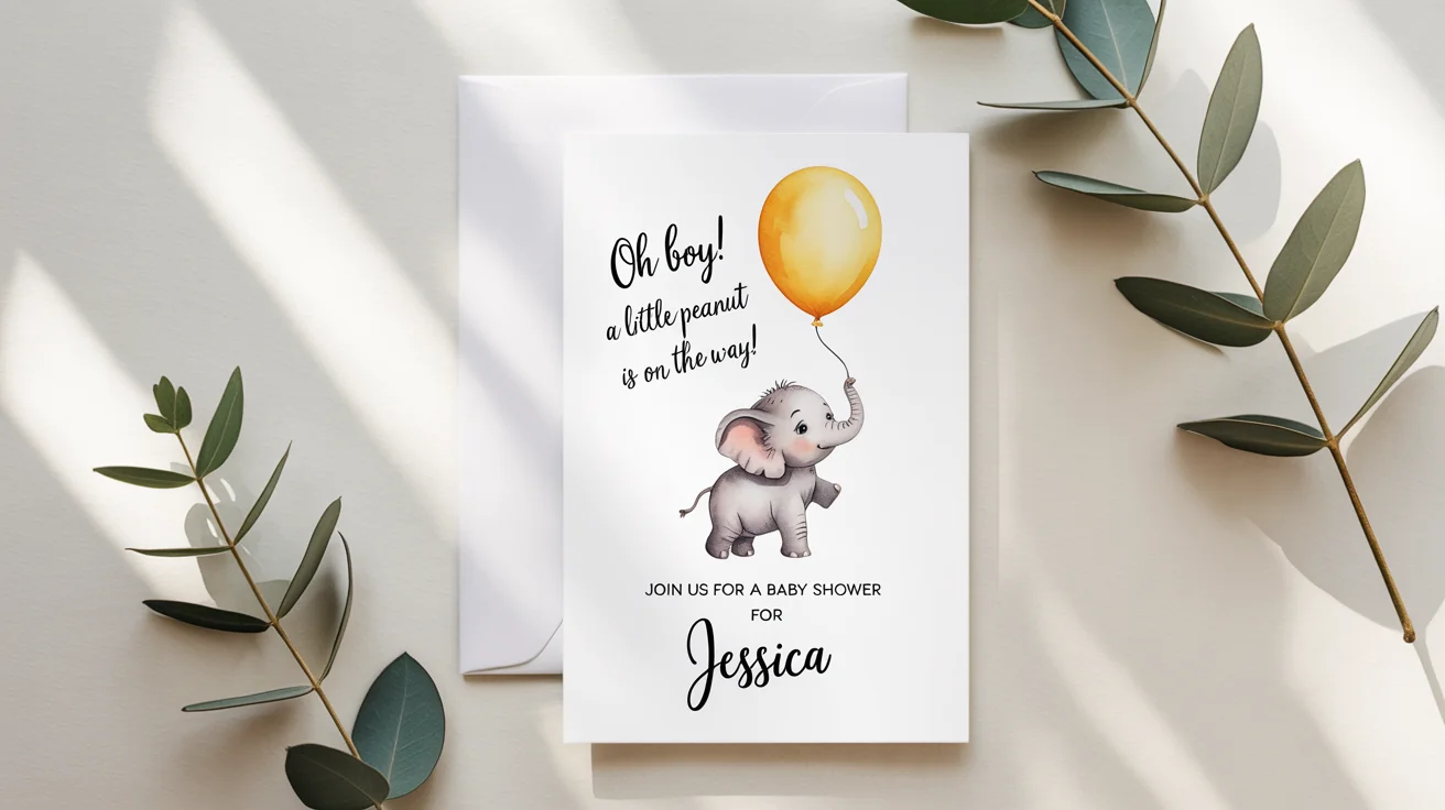 A final, polished baby shower invitation with a watercolor baby elephant, displayed in a flat lay composition with a matching envelope and eucalyptus leaves on a white background.