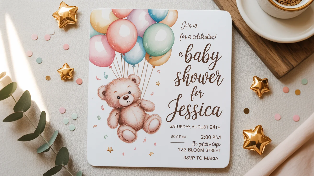 A charming baby shower invitation mockup featuring a watercolor teddy bear with balloons, with event details clearly visible, set against a plain white background.