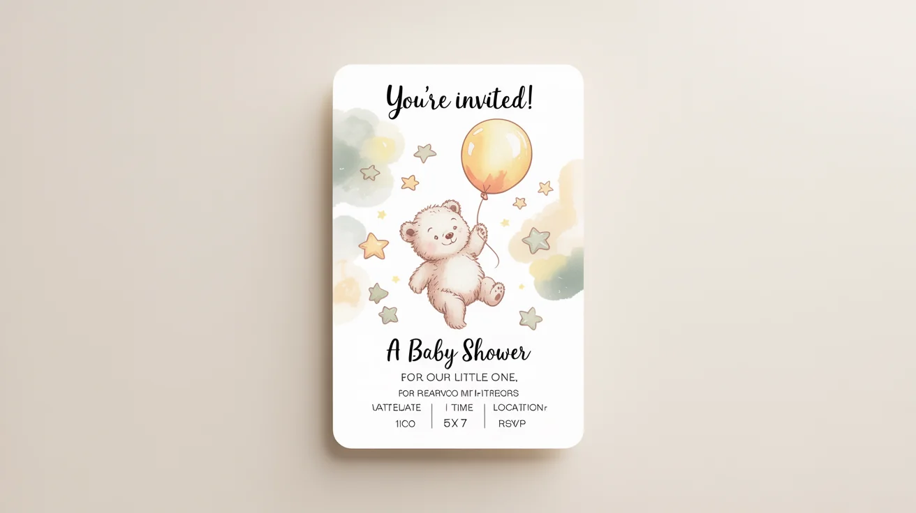 A charming baby shower invitation mockup on a white background, featuring a watercolor illustration of a baby bear with a yellow balloon and clear event details.