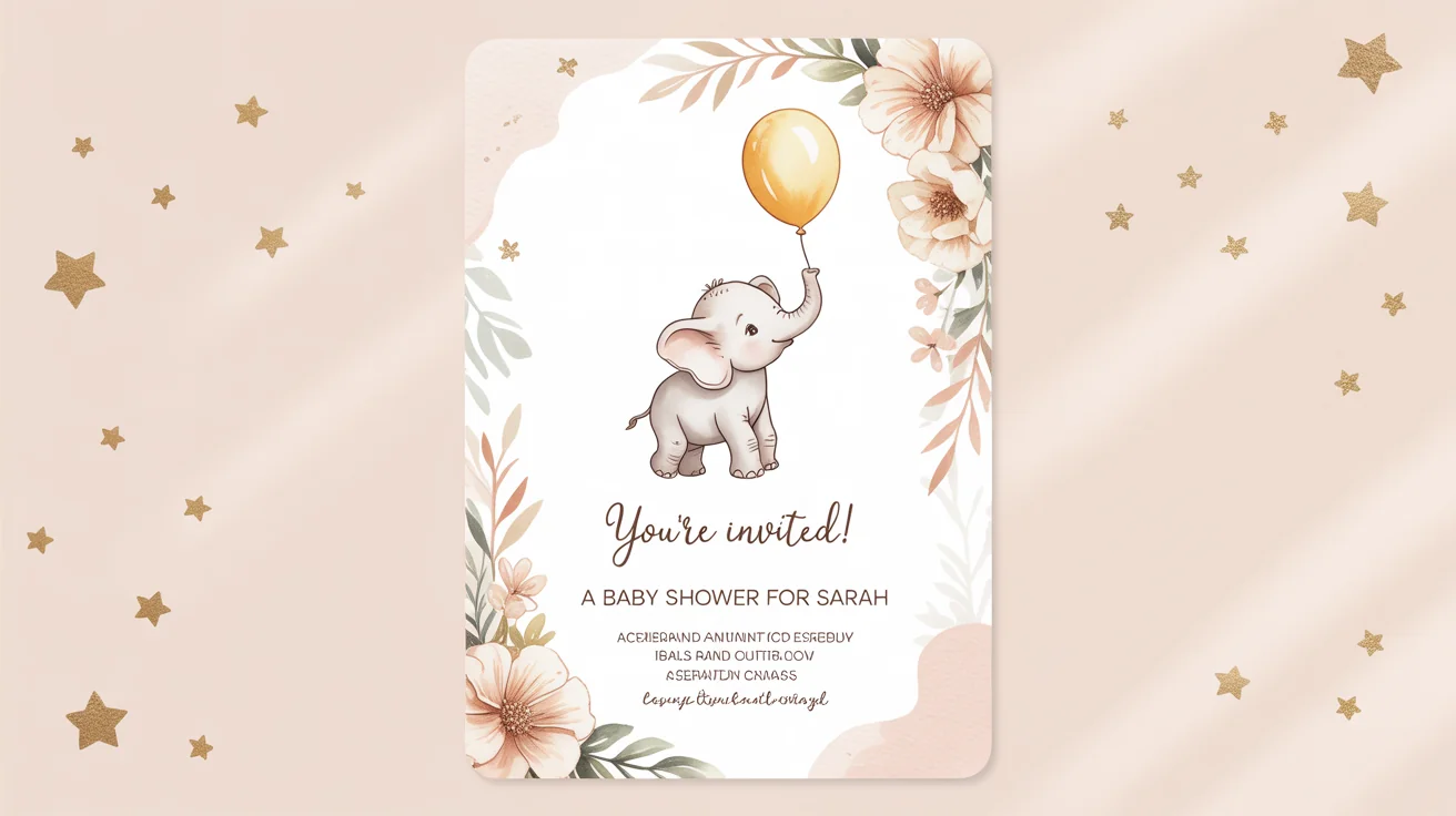 A mockup of a modern baby shower invitation featuring a watercolor baby elephant, displayed on a clean white background.