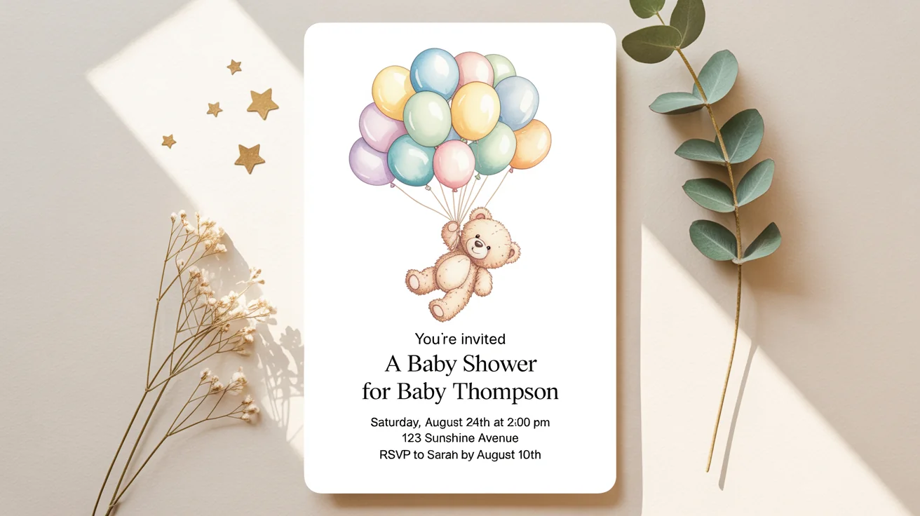 A charming baby shower invitation mockup featuring a watercolor teddy bear holding pastel balloons, displayed on a clean white background with gold confetti.