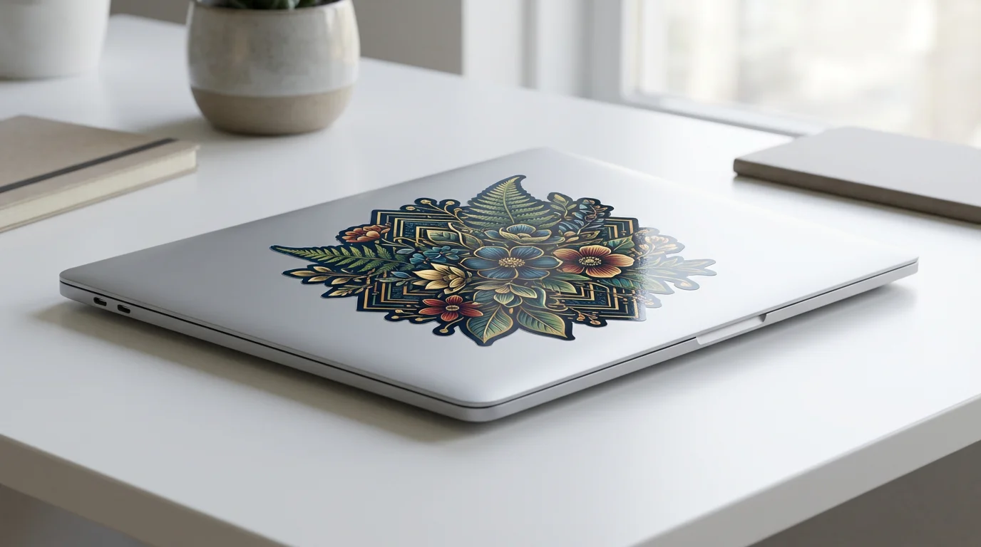 A high-quality photo showing a beautifully designed vinyl decal with a vibrant floral pattern applied to the back of a modern laptop, demonstrating a polished, professional final product.