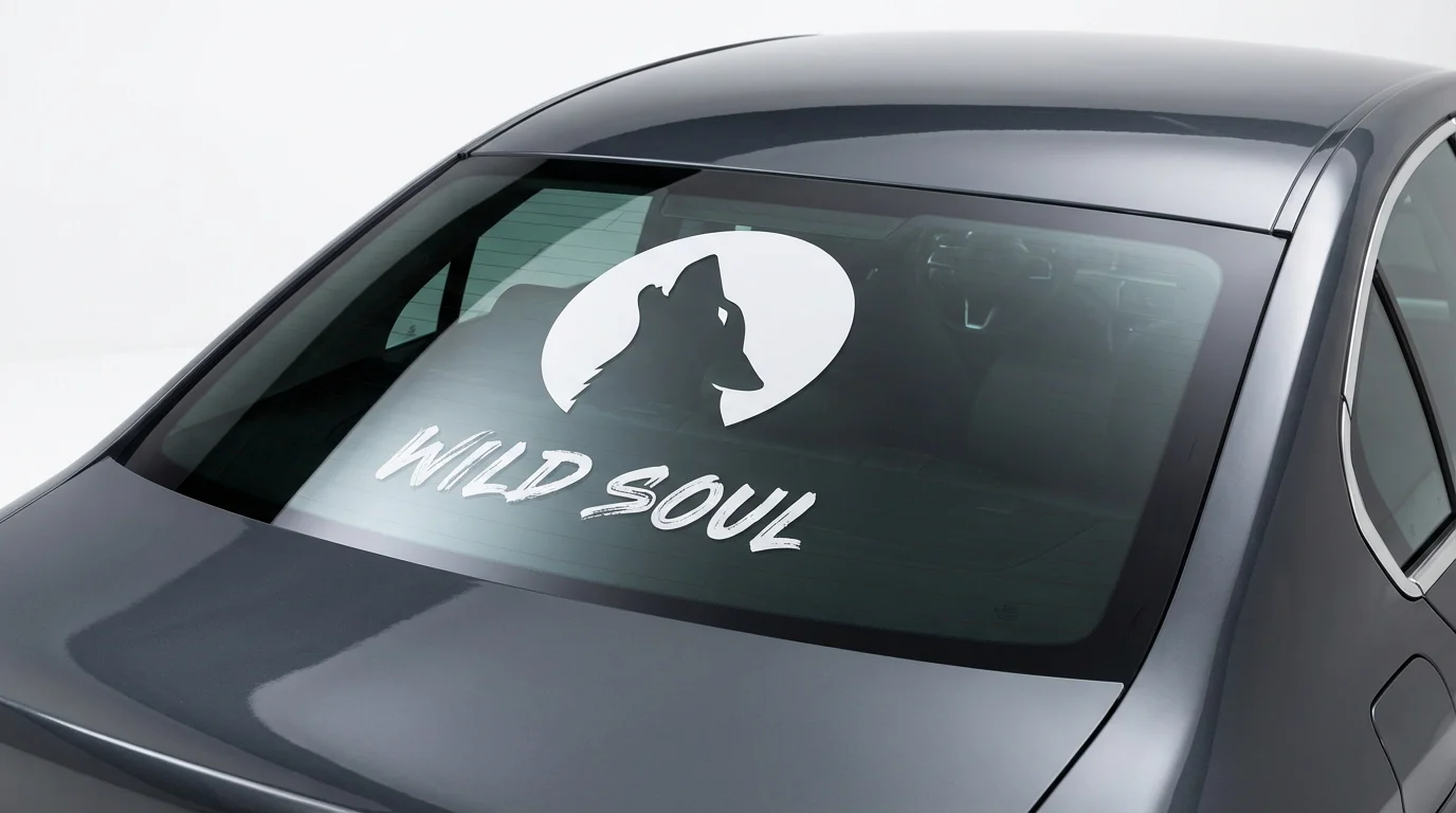 A close-up of a white vinyl decal of a howling wolf and the words 'WILD SOUL' expertly applied to a car's rear window against a clean white background.
