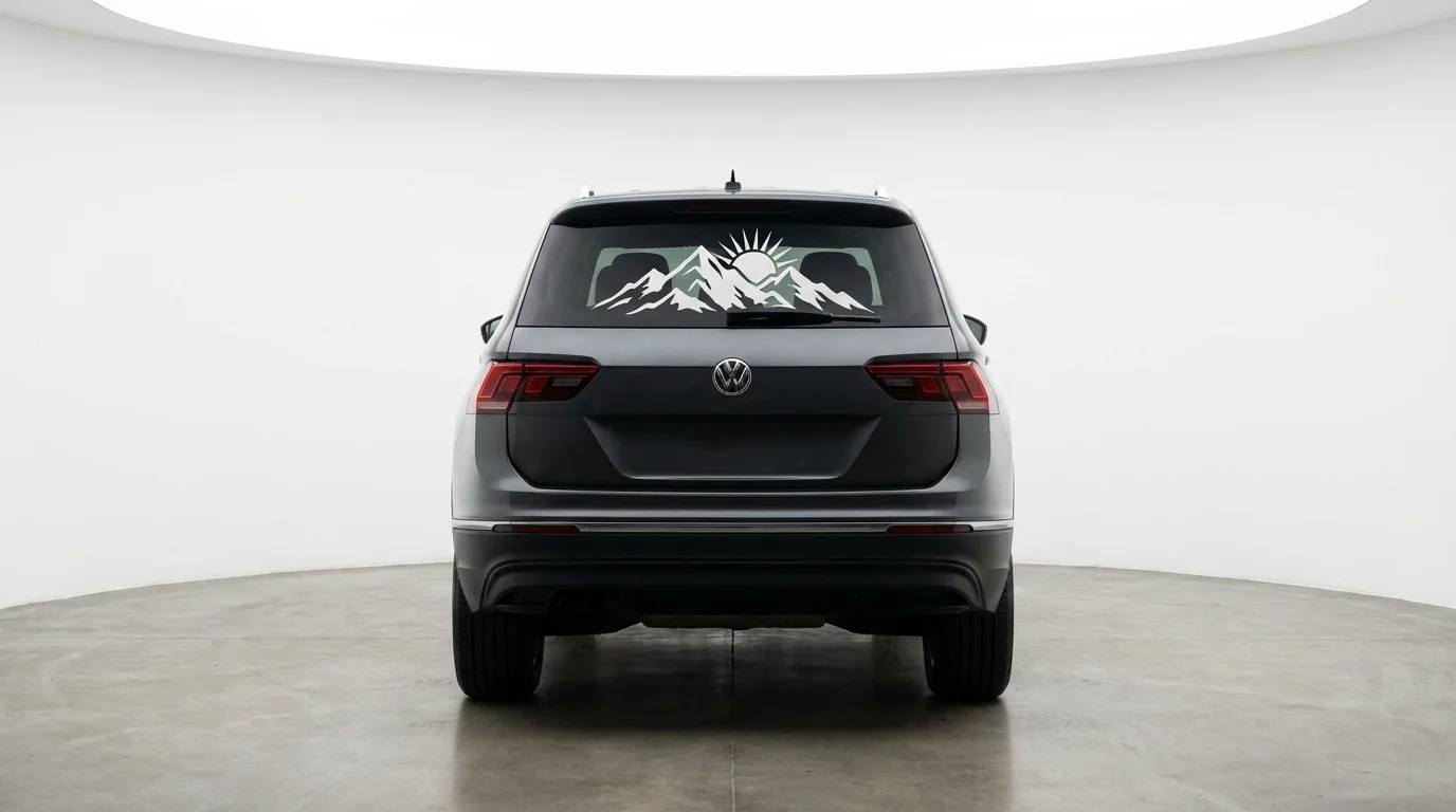 A white vinyl decal depicting a mountain range and sun, applied to the back window of a dark grey car on a clean white background.