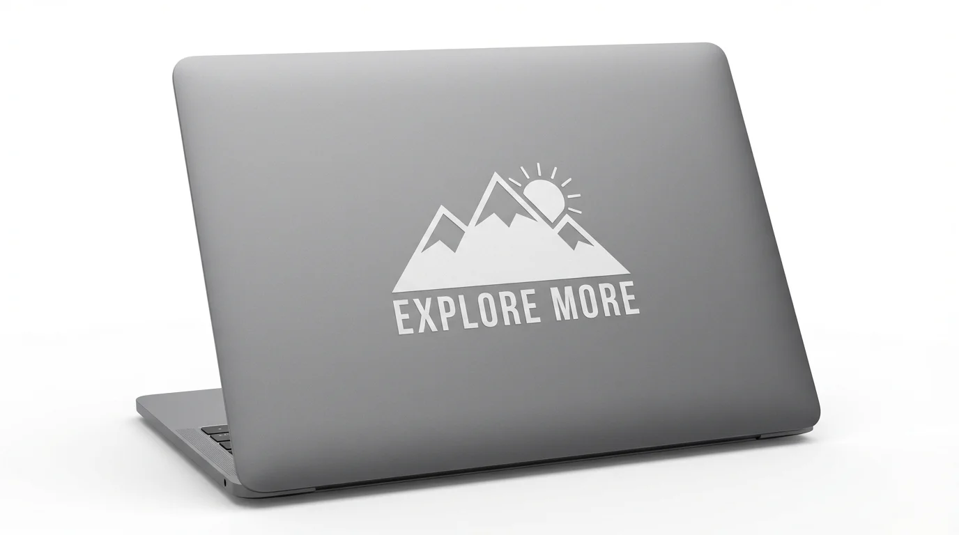A matte white vinyl decal with a mountain range design and the text 'Explore More' perfectly applied to the lid of a modern gray laptop, set against a clean white background.