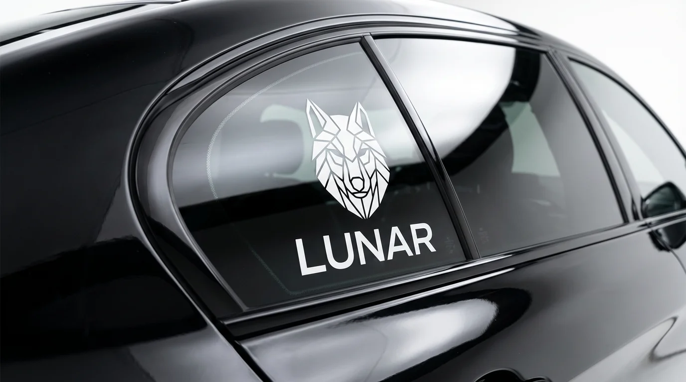 A white vinyl decal of a geometric wolf head and the word 'LUNAR' applied to the window of a black car, shown against a clean white background.