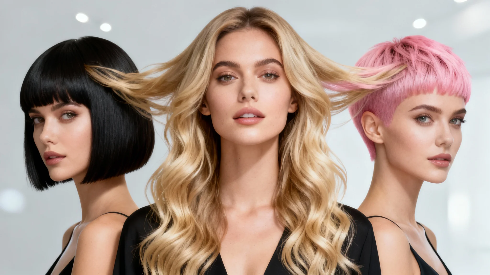 A woman's face is shown in the center, with four different hairstyles branching out, demonstrating the results of a virtual hairstyle tool: a bob, long waves, and a pink pixie cut.