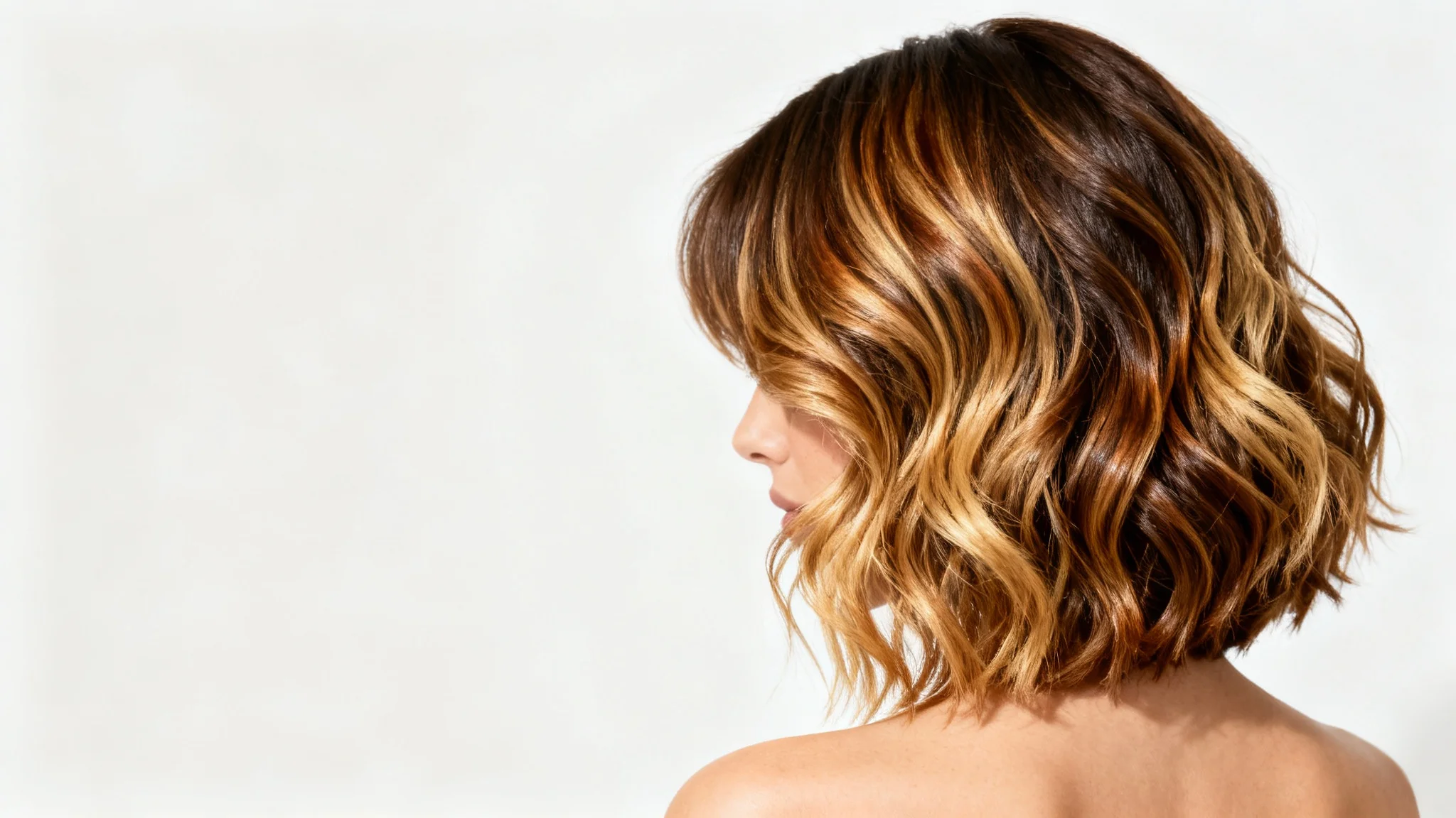 A photorealistic image of a woman with a trendy, wavy lob haircut featuring brunette and blonde balayage, viewed from the side and back against a clean white background.
