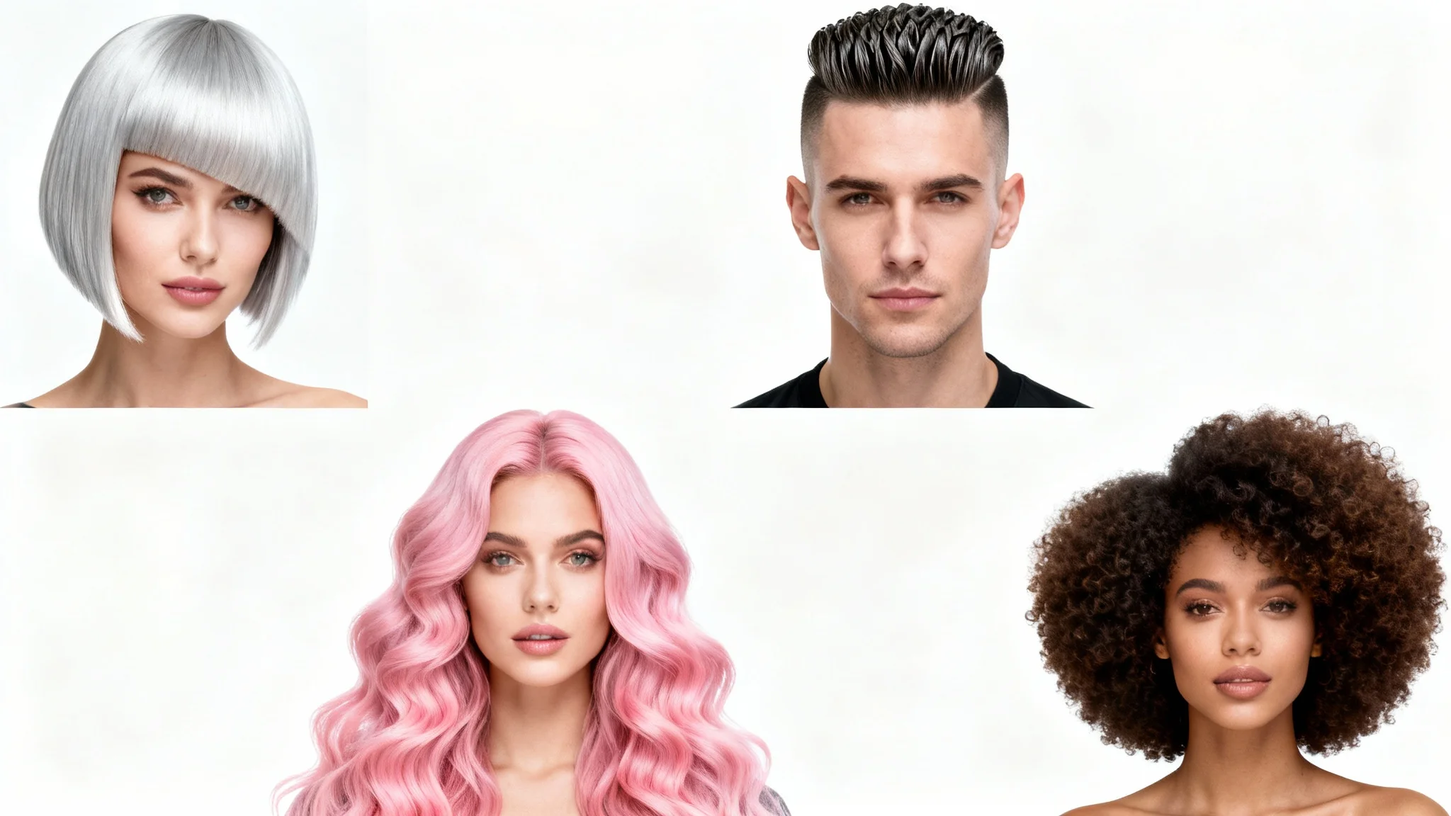 A collage of four stylish headshots on a white background, demonstrating a variety of AI-generated hairstyles: a silver bob, a men's fade, long pink waves, and a natural afro.