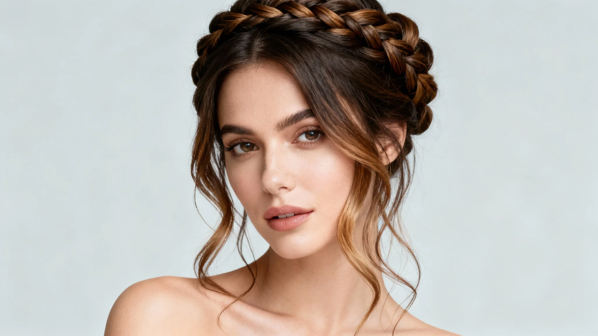 A professional photograph of a woman with an elegant, braided brunette updo, showcasing a sophisticated hairstyle against a plain, light grey background.