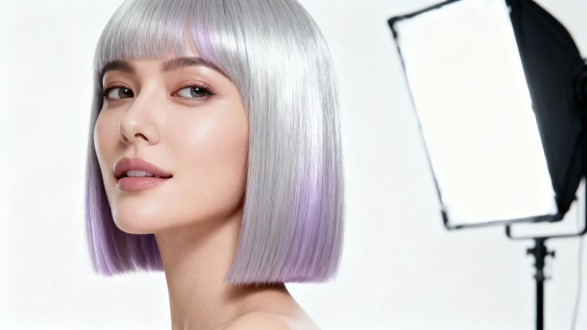 A close-up studio photograph of a woman with a sleek, modern, silver-lavender bob hairstyle against a plain white background.