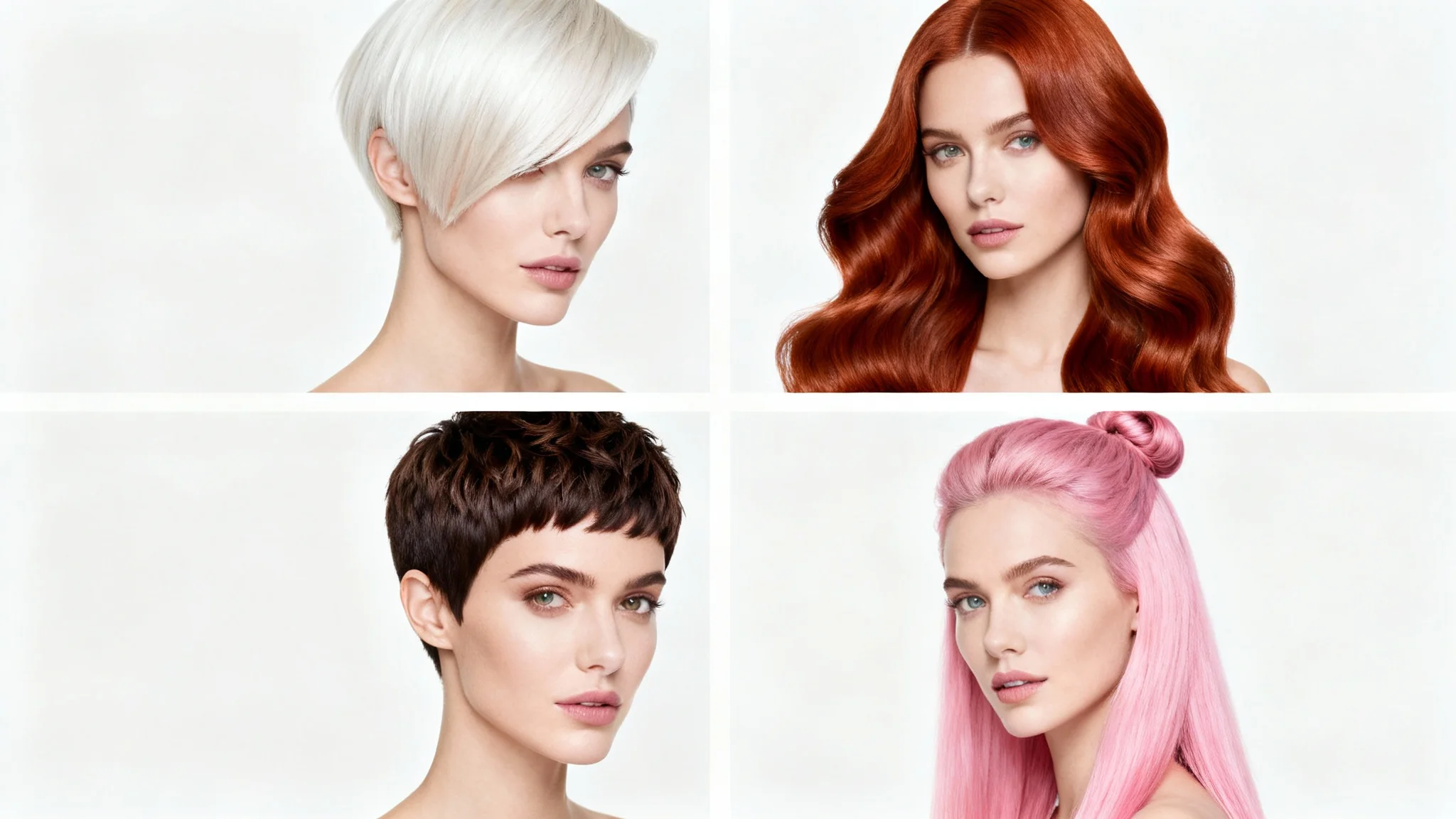A grid of four images showing the same woman with four different hairstyles: a platinum bob, long auburn waves, a dark pixie cut, and long pink hair.