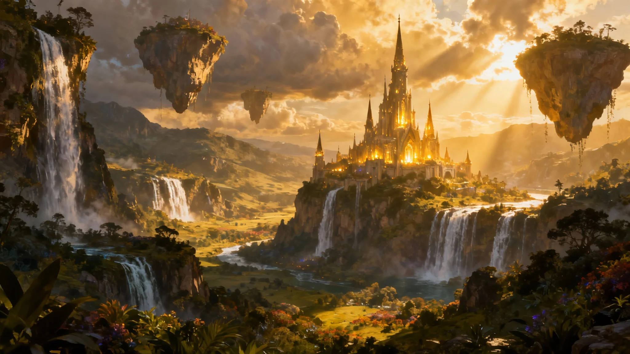 A breathtaking digital painting of a fantasy world, featuring majestic floating islands with waterfalls, a grand castle in a lush valley, and dramatic golden hour sunlight.