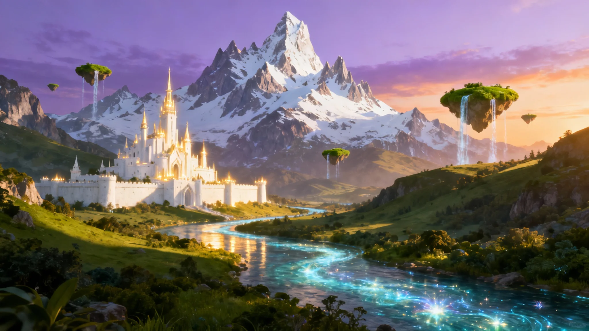An epic fantasy landscape featuring a grand white castle in a lush valley, with a glowing river, distant snow-capped mountains, and floating islands under a twilight sky.
