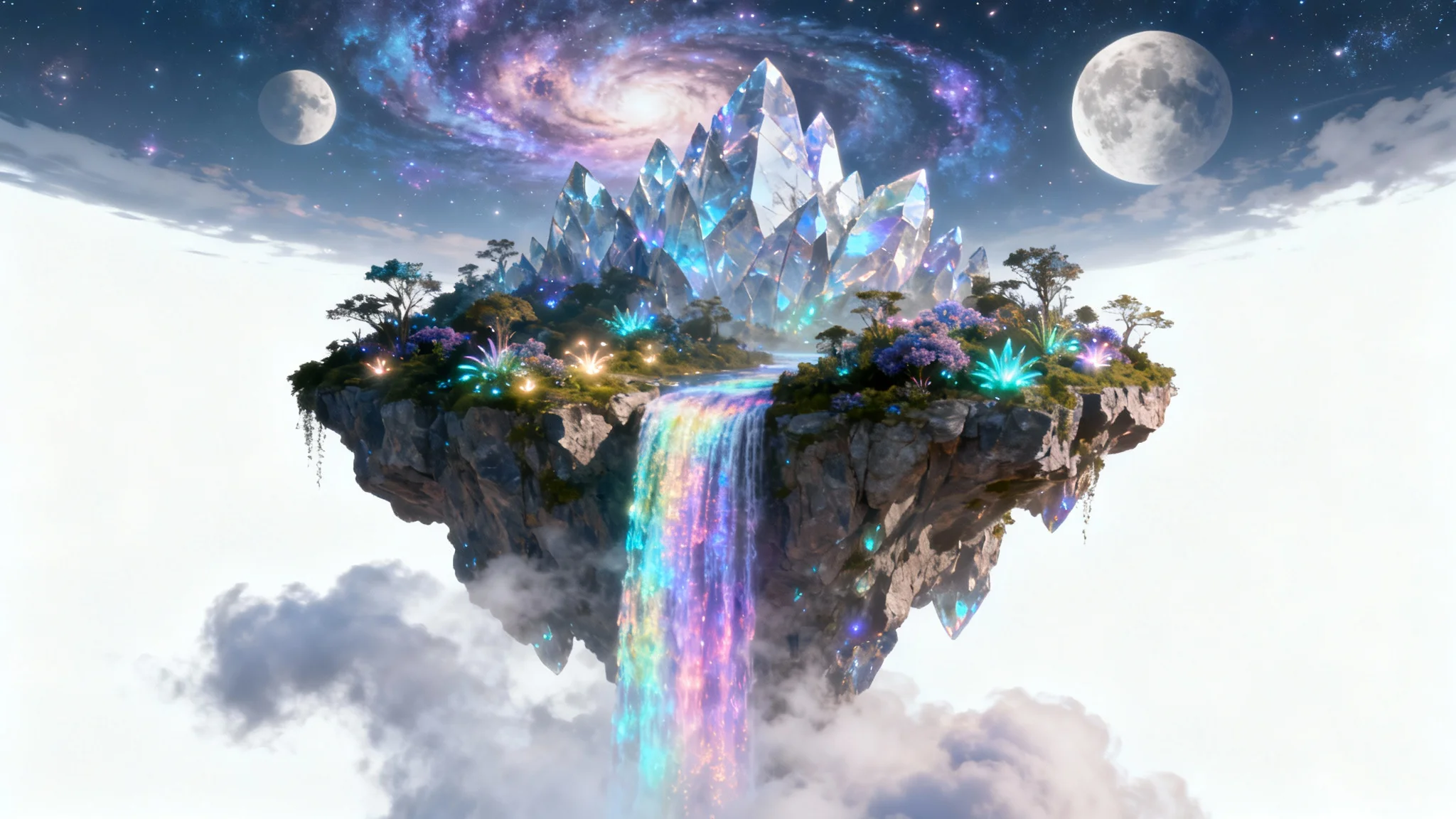 A mockup of a fantasy world, featuring a floating island with a waterfall under a nebula-filled sky with two moons, all isolated against a white background.