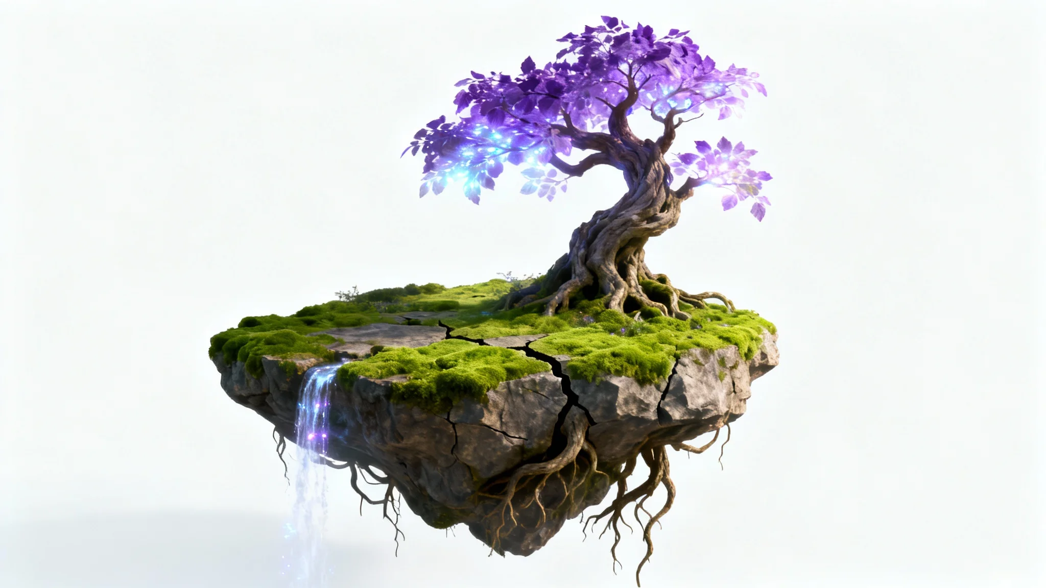 A hyper-realistic image of a small, magical floating island against a white background, featuring a glowing purple tree and a waterfall cascading off the edge.