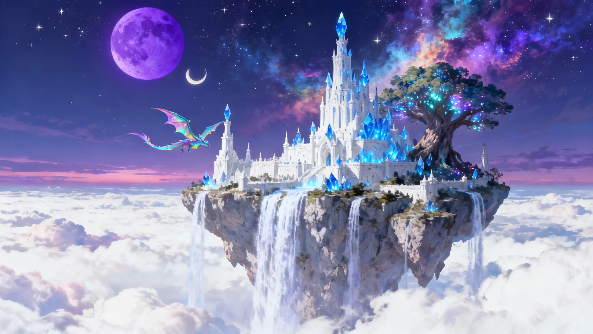 An awe-inspiring fantasy world featuring a majestic castle on a floating island, with waterfalls cascading into the clouds and a dragon flying in a twilight sky with two moons.