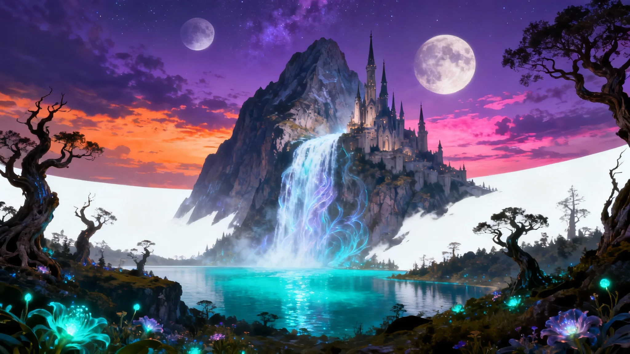 A hyper-realistic concept art of a fantasy world, featuring a majestic castle built into a mountain next to a giant waterfall, set against a dramatic twilight sky with two moons. The entire scene is presented against a white background.