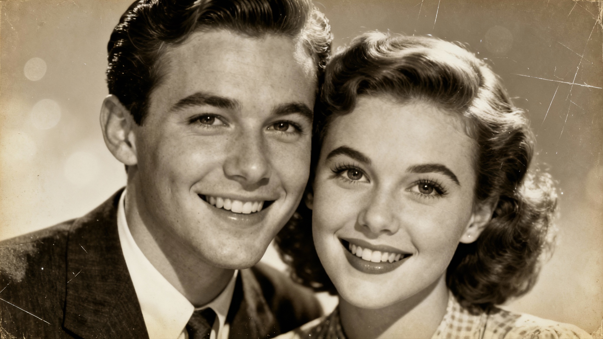 A perfectly restored vintage sepia photograph of a smiling couple. The image is crystal clear and completely free of any scratches or damage, demonstrating the final result of a photo restoration tool.