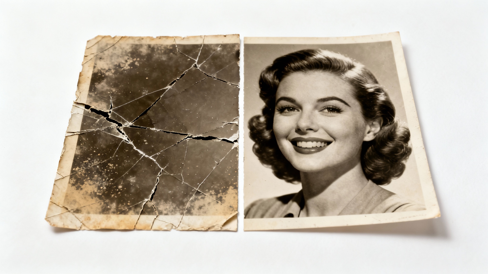 A before-and-after image of a vintage photograph. The left side is old and covered in scratches, while the right side is digitally restored to look brand new, demonstrating scratch removal.
