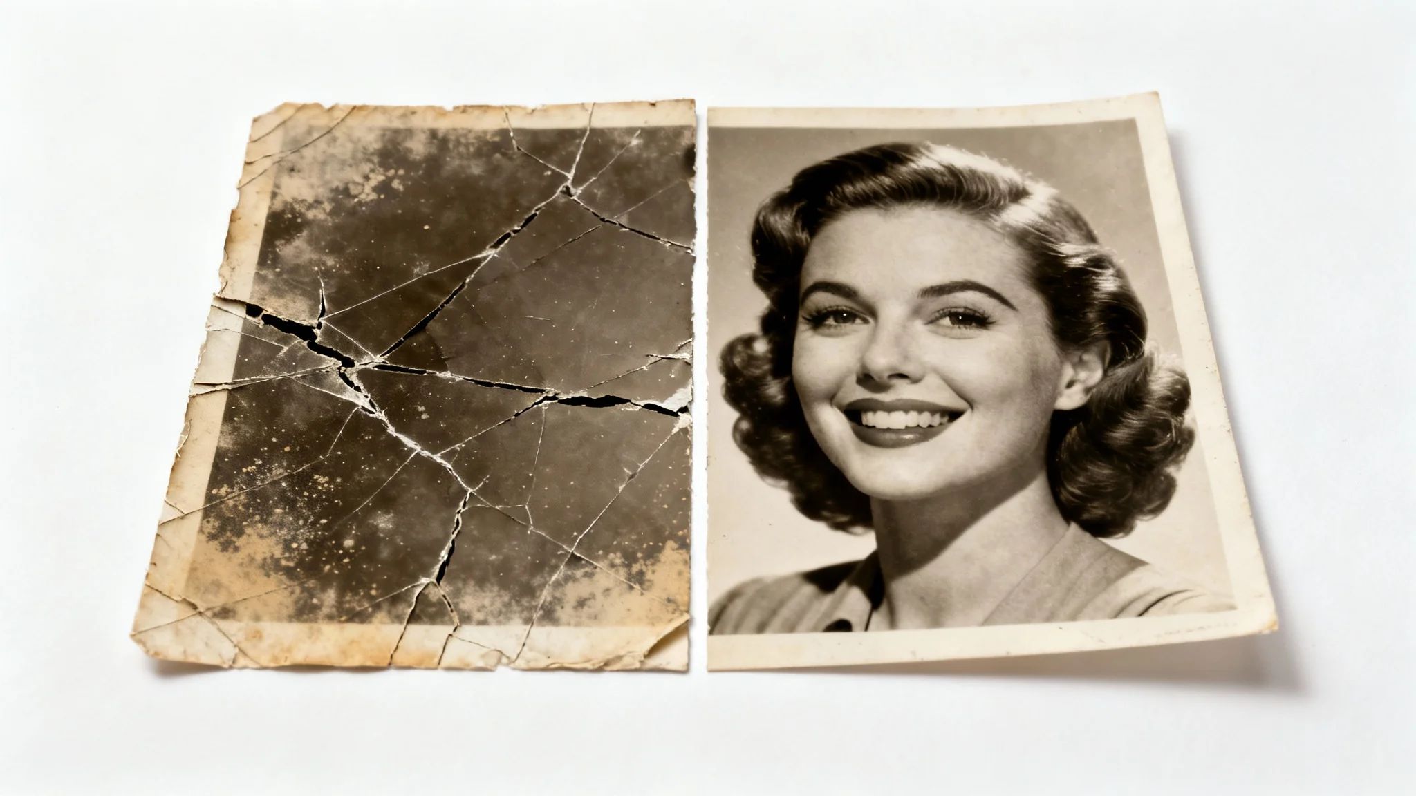 A before-and-after image of a vintage photograph. The left side is old and covered in scratches, while the right side is digitally restored to look brand new, demonstrating scratch removal.