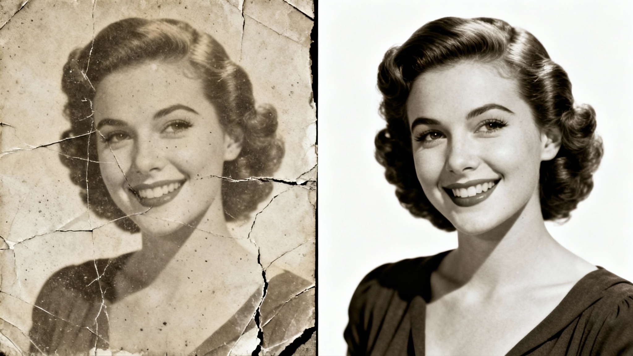 A vintage sepia photograph split in half, illustrating a before-and-after of scratch removal. The left side is heavily scratched and damaged, while the right side is perfectly restored and clear.