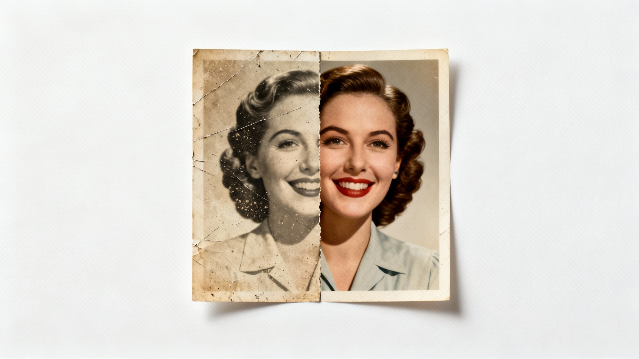A vintage photo of a woman, split down the middle. The left side is old and covered in scratches, while the right side is perfectly restored, clear, and colorful, demonstrating photo restoration.