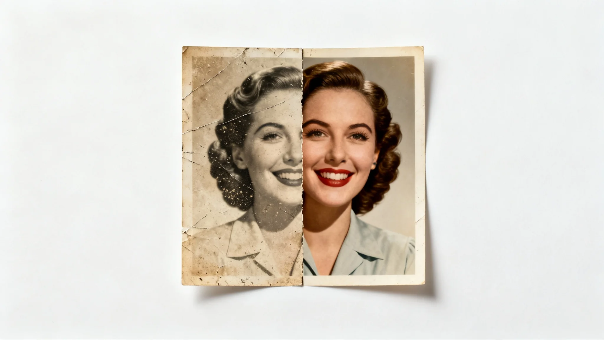 A vintage photo of a woman, split down the middle. The left side is old and covered in scratches, while the right side is perfectly restored, clear, and colorful, demonstrating photo restoration.