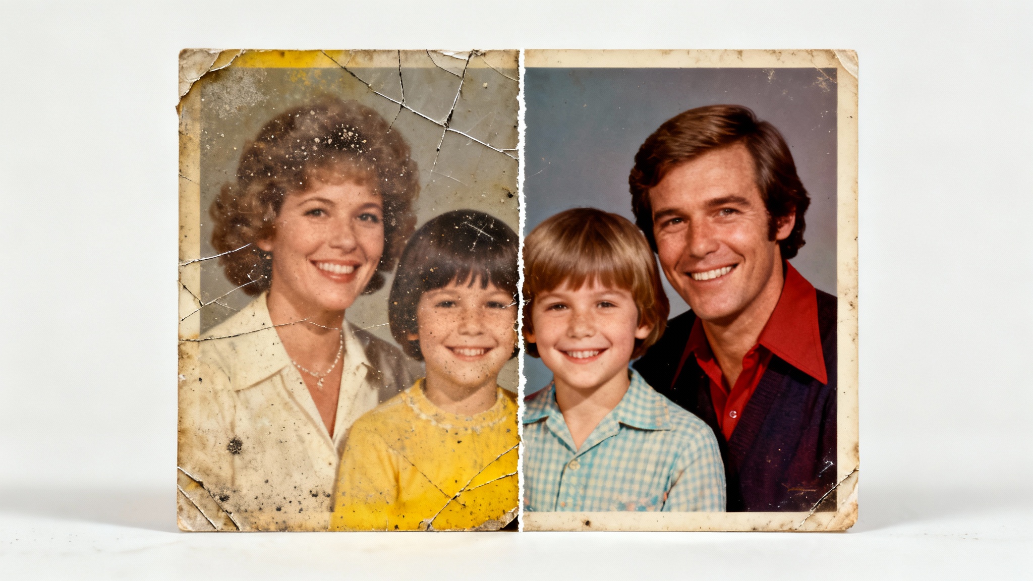 A vintage photograph split in two, showing a before-and-after comparison of photo restoration. The left side is old, faded, and covered in scratches, while the right side is perfectly restored, clear, and vibrant.