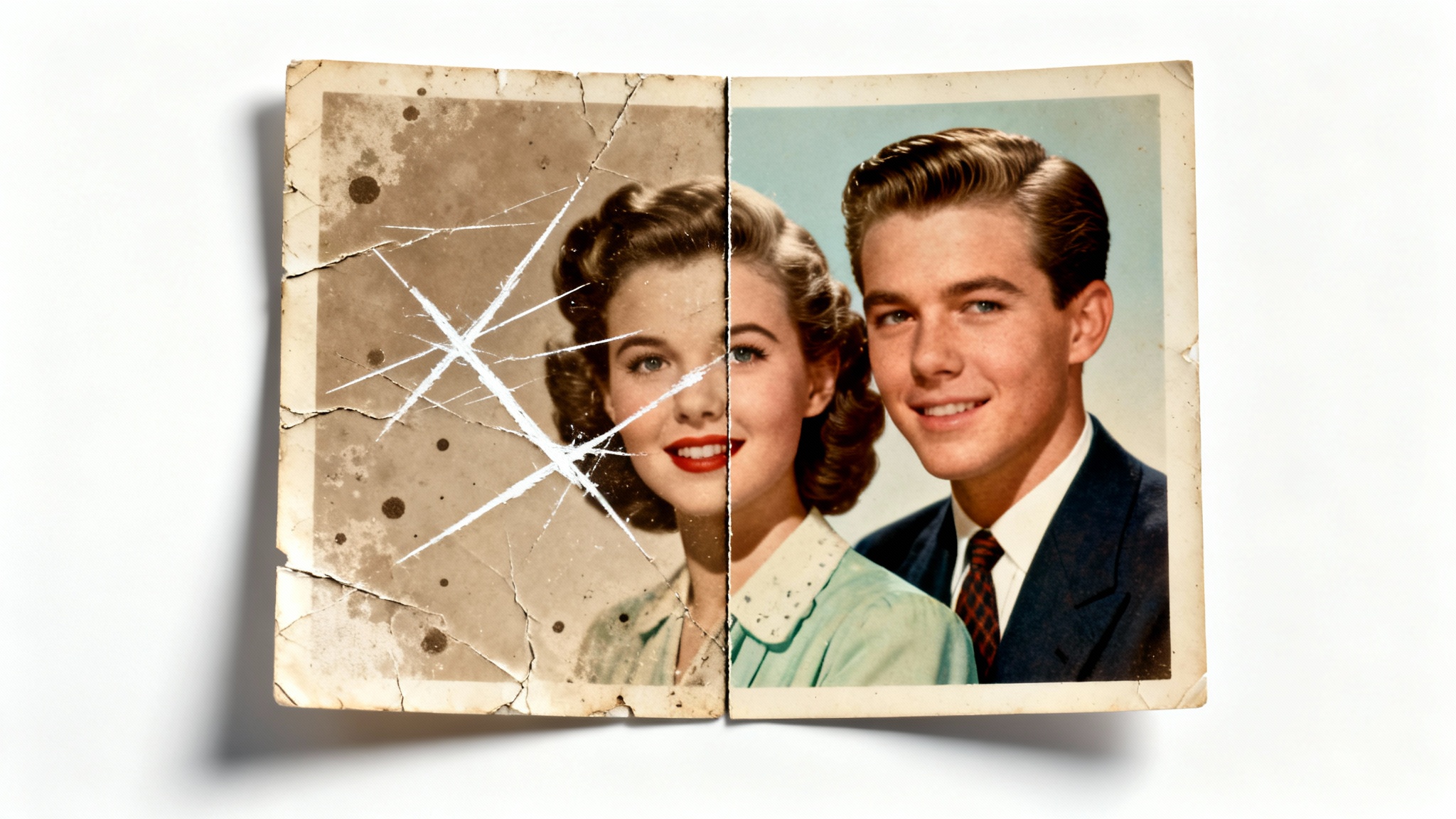 A before-and-after image of a vintage photograph being restored. The left side is covered in scratches and damage, while the right side is perfectly clean and restored.