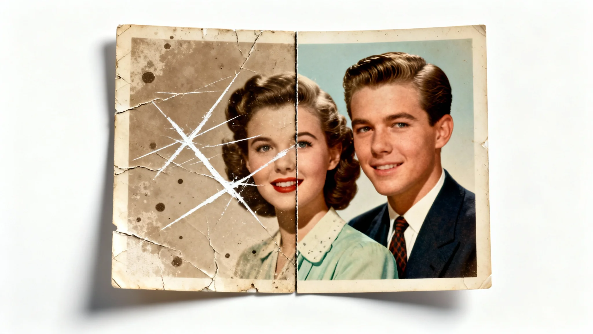 A before-and-after image of a vintage photograph being restored. The left side is covered in scratches and damage, while the right side is perfectly clean and restored.