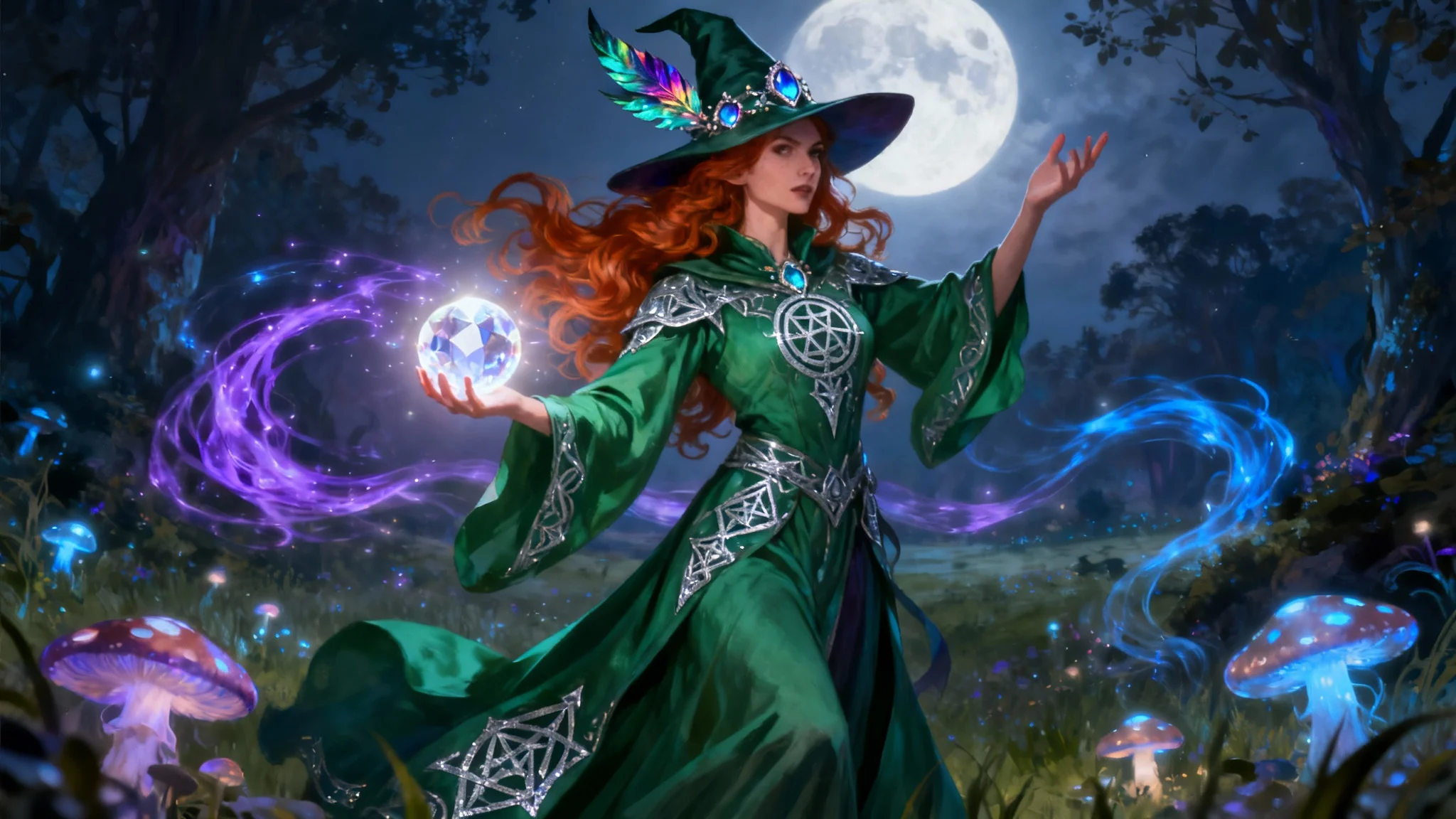 A full-body digital painting of a Dungeons & Dragons witch in an enchanted forest. She wears a green robe and pointed hat, holds a glowing orb, and casts a spell with purple energy, surrounded by a mystical, moonlit glade. 16:9 aspect ratio.
