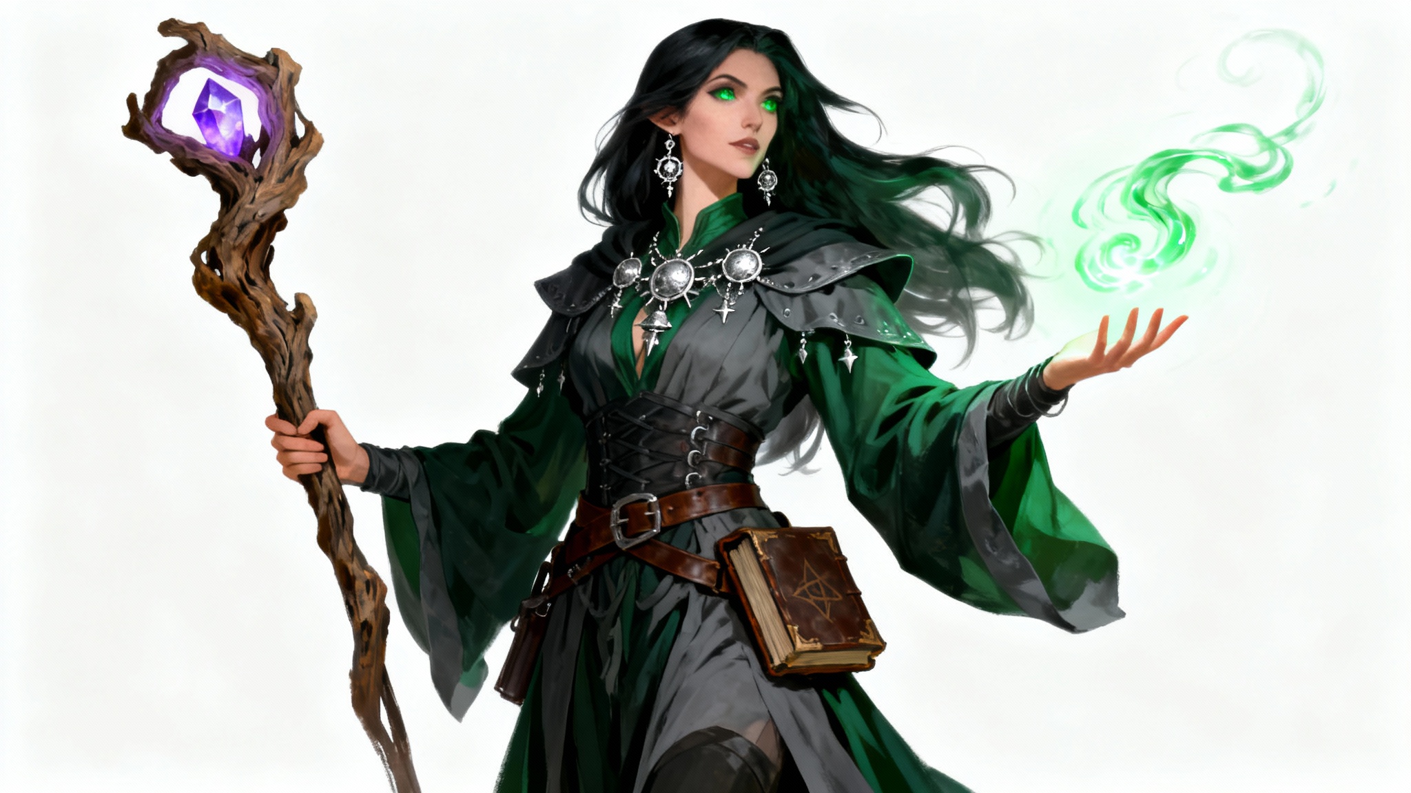 Digital character art of a female witch in a D&D fantasy style, holding a magical staff and casting a spell against a white background.