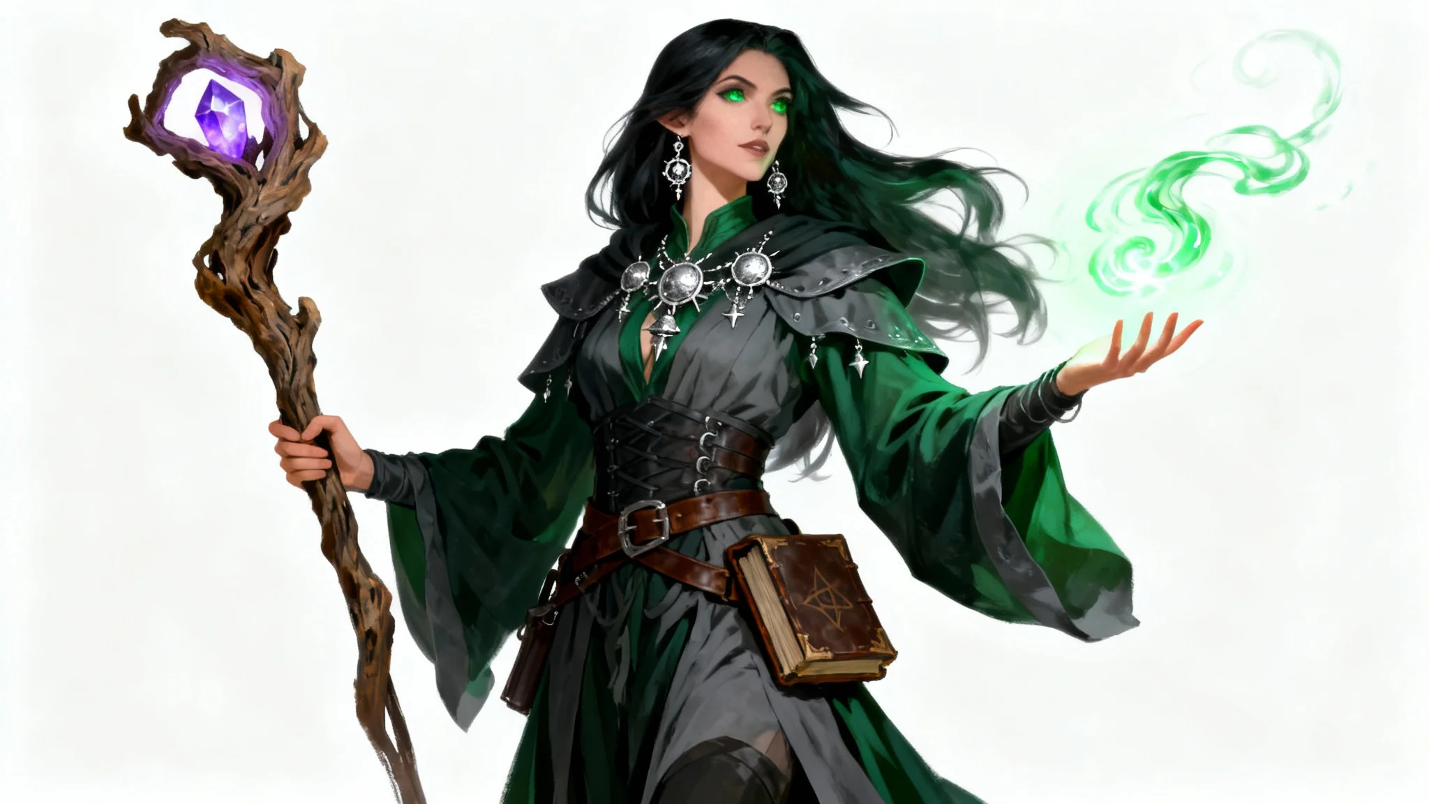 Digital character art of a female witch in a D&D fantasy style, holding a magical staff and casting a spell against a white background.