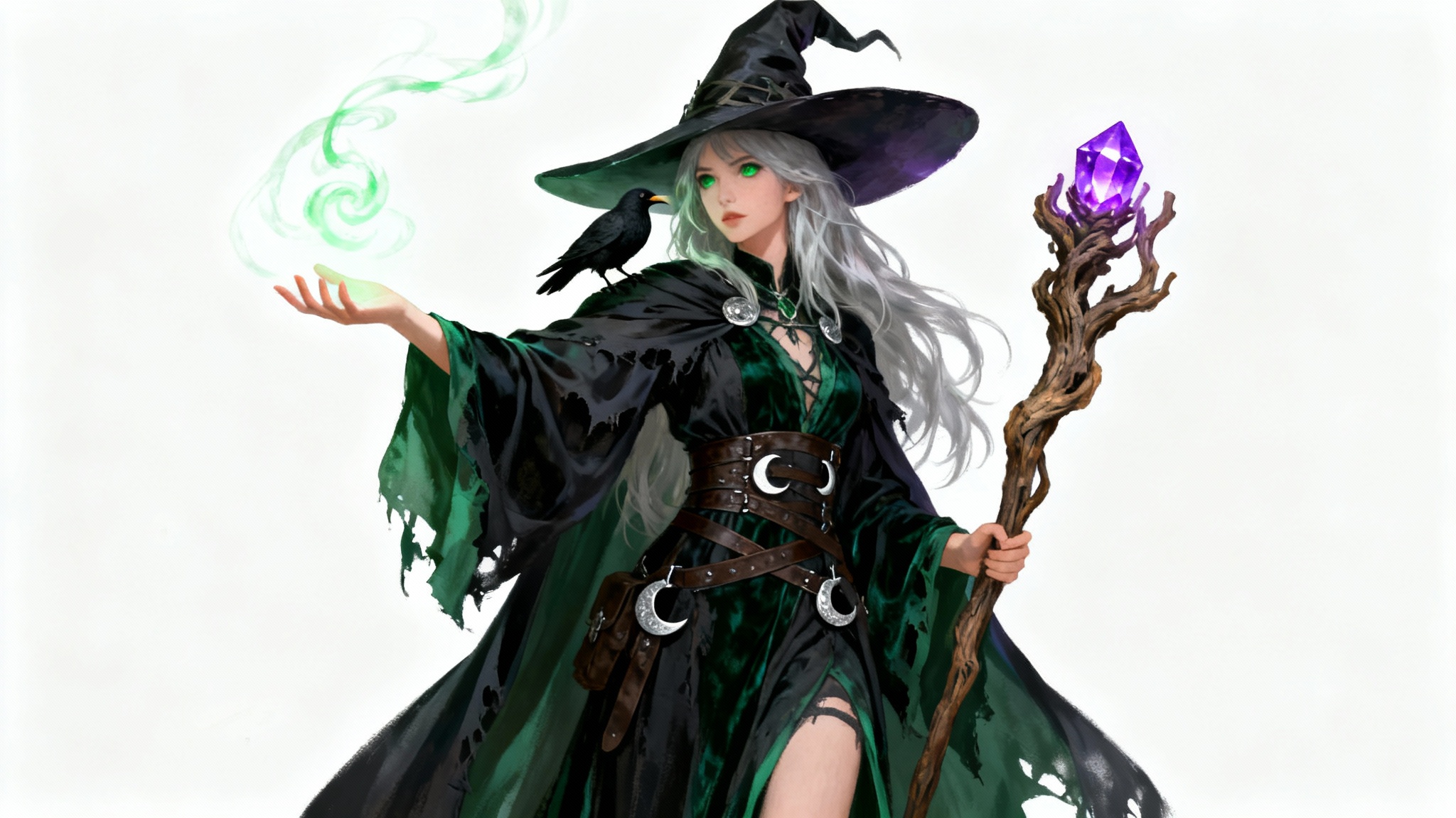 A high-detail digital painting of a Dungeons & Dragons witch character. She has silver hair, wears dark robes, and holds a glowing staff, with a raven on her shoulder, all set against a clean white background.