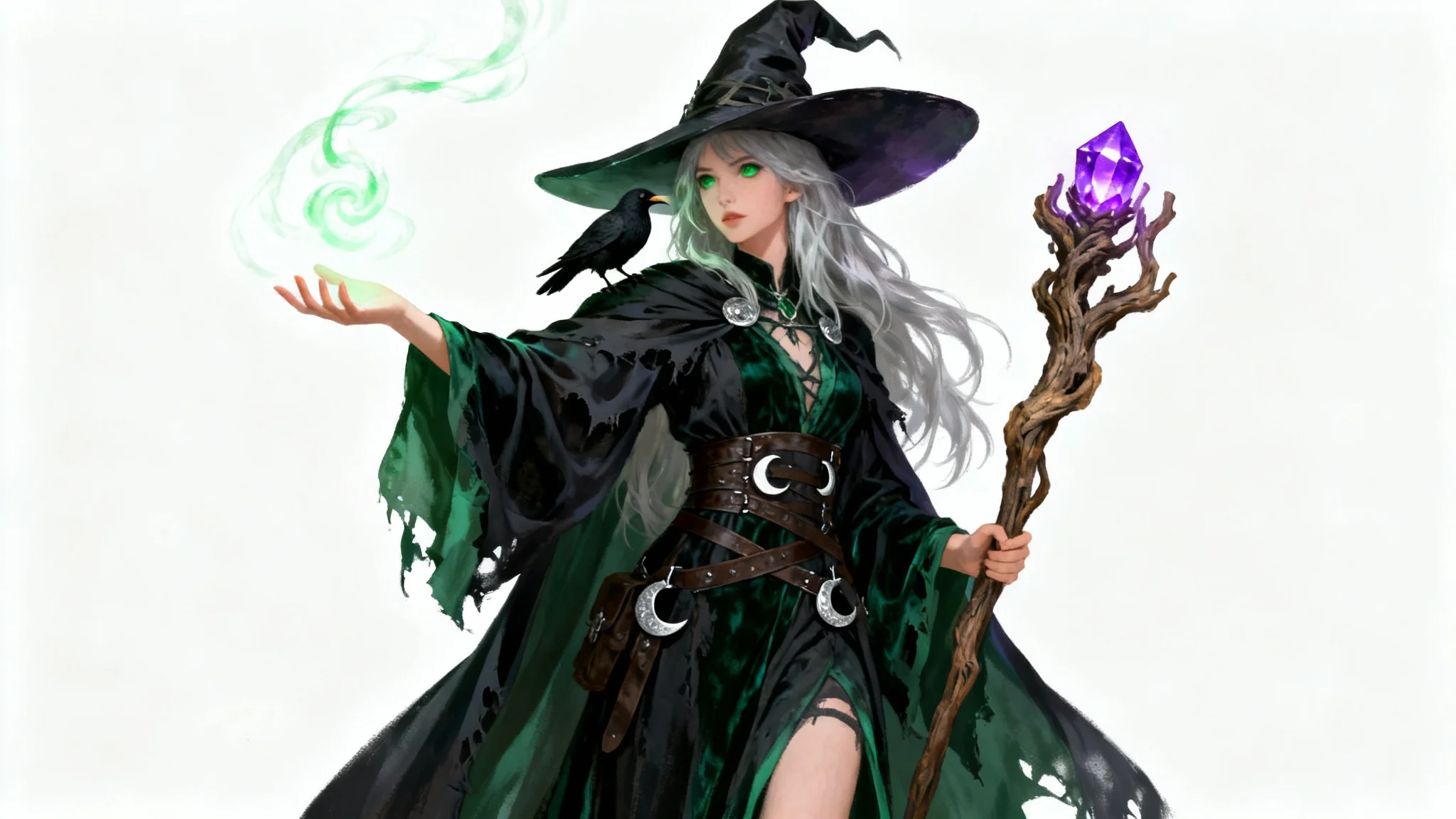 A high-detail digital painting of a Dungeons & Dragons witch character. She has silver hair, wears dark robes, and holds a glowing staff, with a raven on her shoulder, all set against a clean white background.
