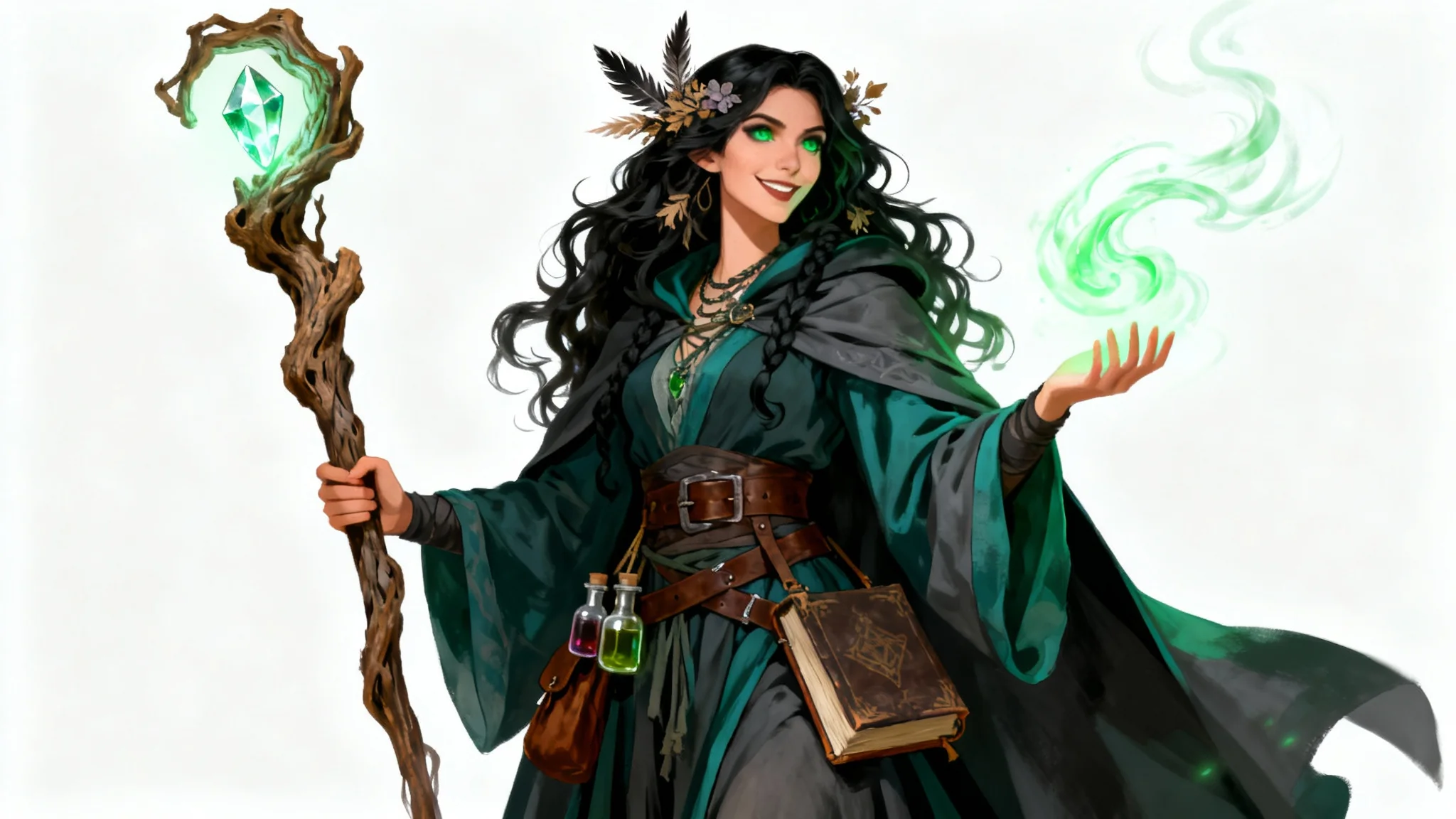A full-body digital painting of a female witch character for Dungeons & Dragons. She holds a glowing staff and has green magic swirling around her hand, set against a plain white background.
