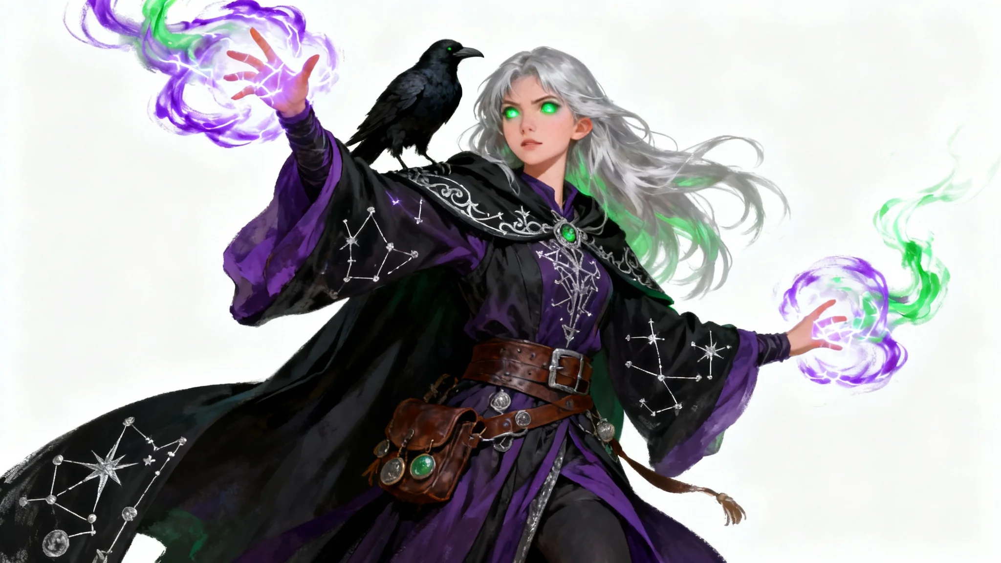 A full-body digital painting of a young witch character for Dungeons & Dragons. She has silver hair, is casting a purple and green spell, and has a raven on her shoulder, set against a white background.